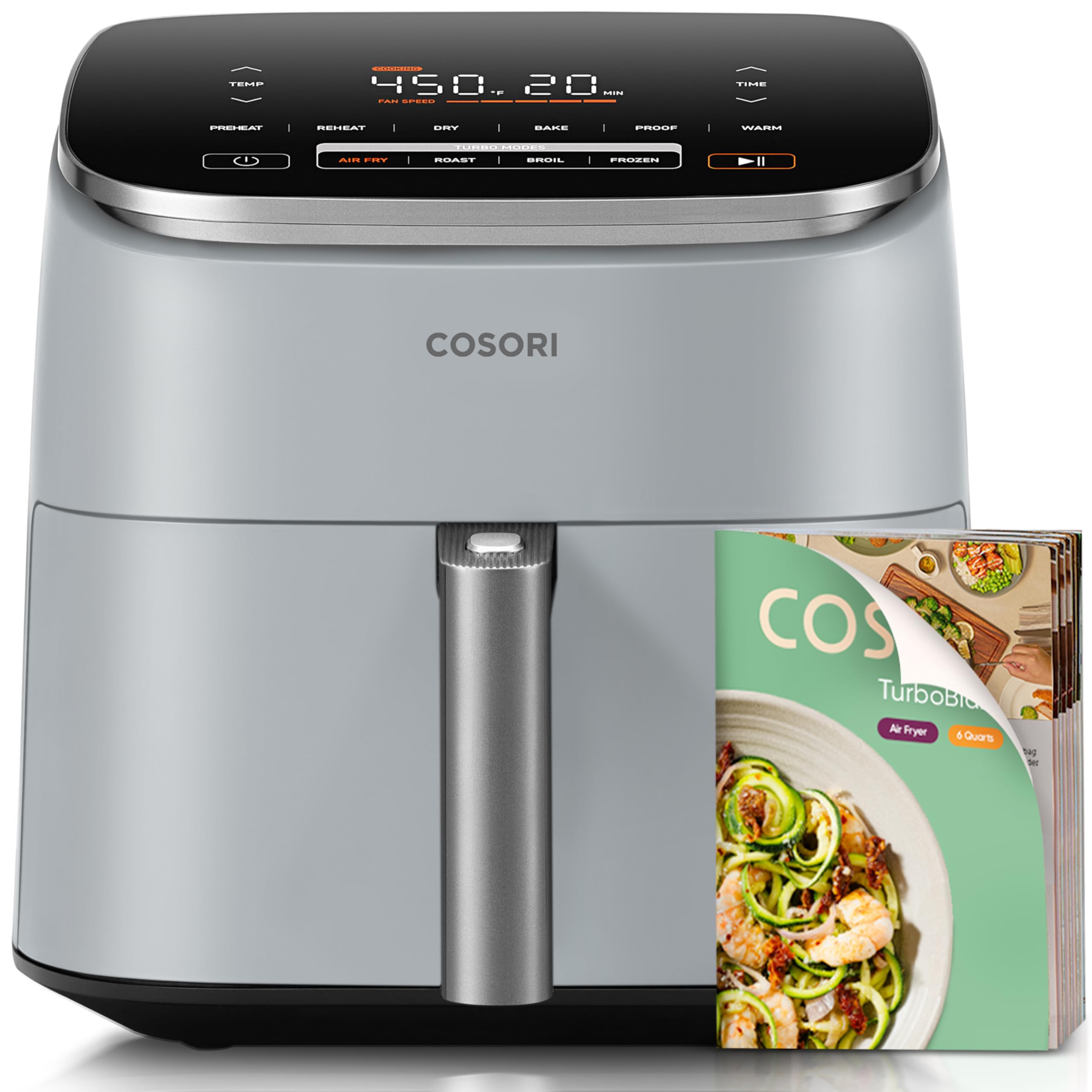 Cosori 9-in-1 TurboBlaze Air Fryer 6 Qt, PFAS-Free Ceramic Coating, 90°–450°F, Precise Heating for Even Results, Air Fry, Roast, Bake, Broil, Dry, Frozen, Proof, Reheat, Keep Warm, 120V, Dark Gray Gronata