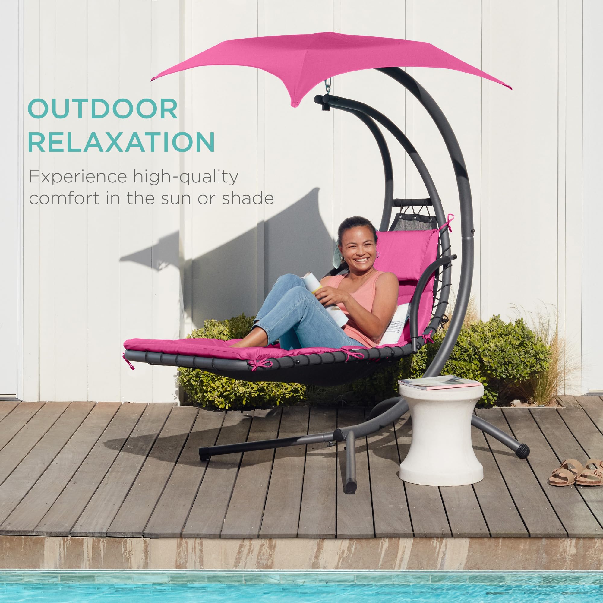 Best Choice Products Outdoor Hanging Curved Steel Chaise Lounge Chair Swing w/Built-in Pillow and Removable Canopy - Navy Blue Gronata