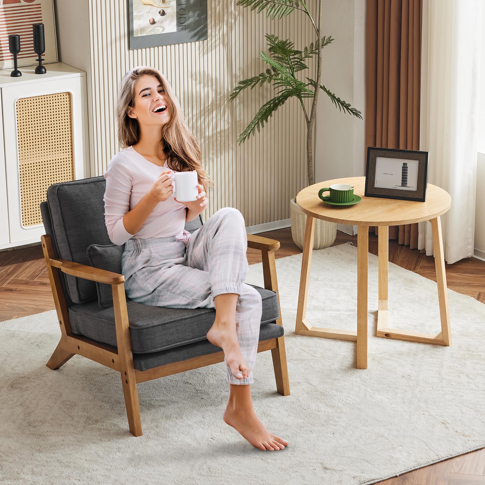 Karl home Accent Chair Wide Armrest Mid-Century Lounge Chair Linen Fabric Armchair with Lumbar Pillow & Solid Wood Frame for Living Room, Bedroom, Balcony, Green Gronata