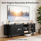 OneBlis 70" Mid Century Modern TV Stand, Wood TV Consoles with Sliding Doors and Power Outlet, Entertainment Center with Adjustable Shelves, Fluted TV Stands for Living Room, Walnut Gronata