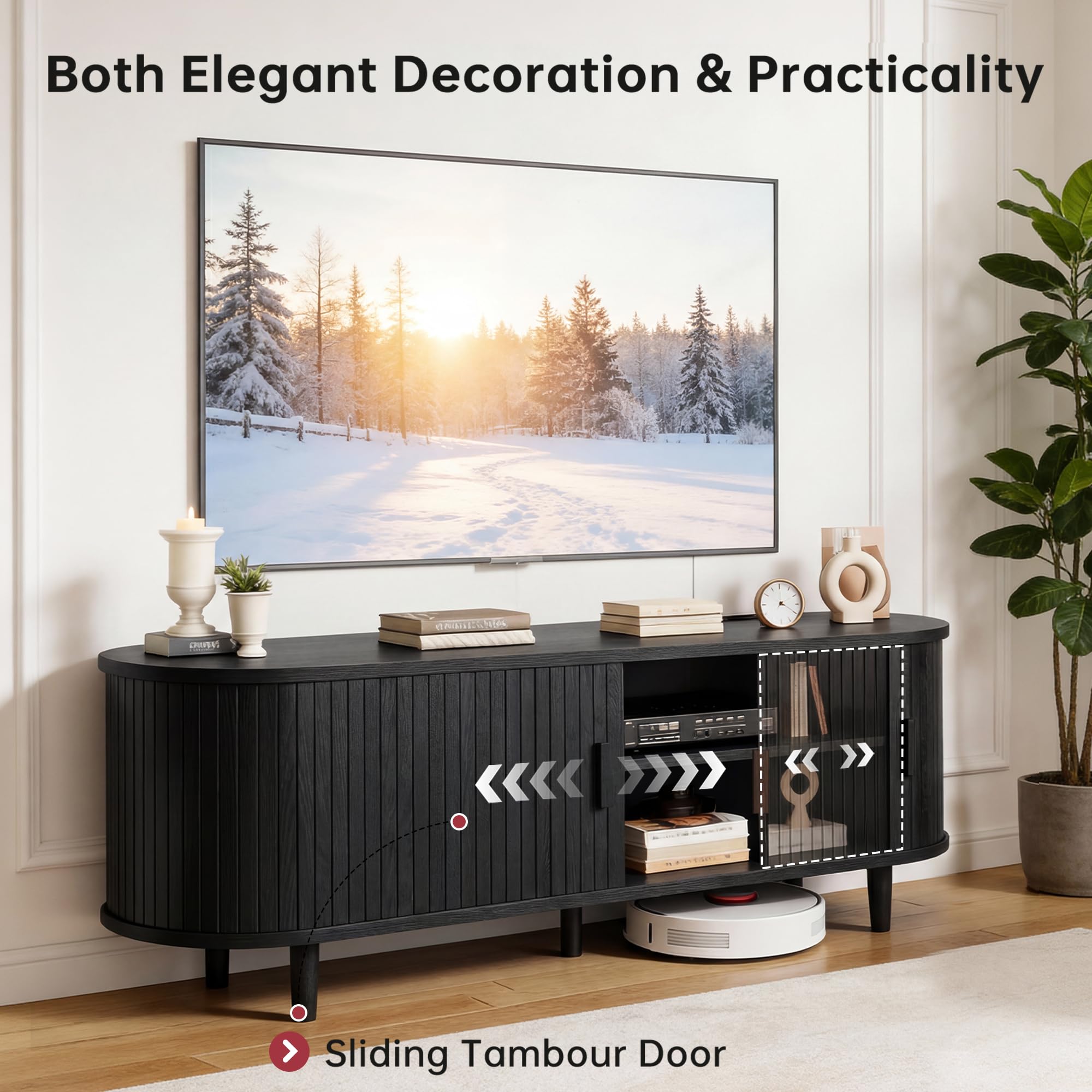 OneBlis 70" Mid Century Modern TV Stand, Wood TV Consoles with Sliding Doors and Power Outlet, Entertainment Center with Adjustable Shelves, Fluted TV Stands for Living Room, Walnut Gronata