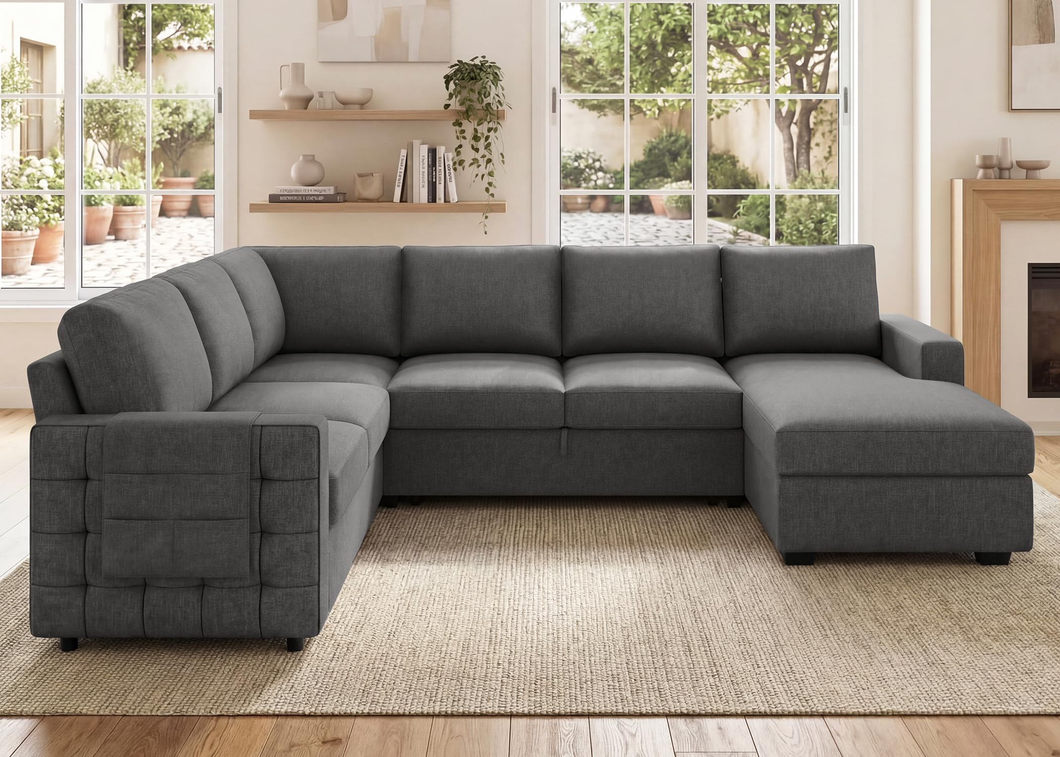 HONBAY Sectional Sleeper Sofa with Pull Out Bed U-Shape Sectional Couch Sleeper Bed with Storage Chaise 6 Seater Sleeper Sectional Sofa, Light Grey Gronata