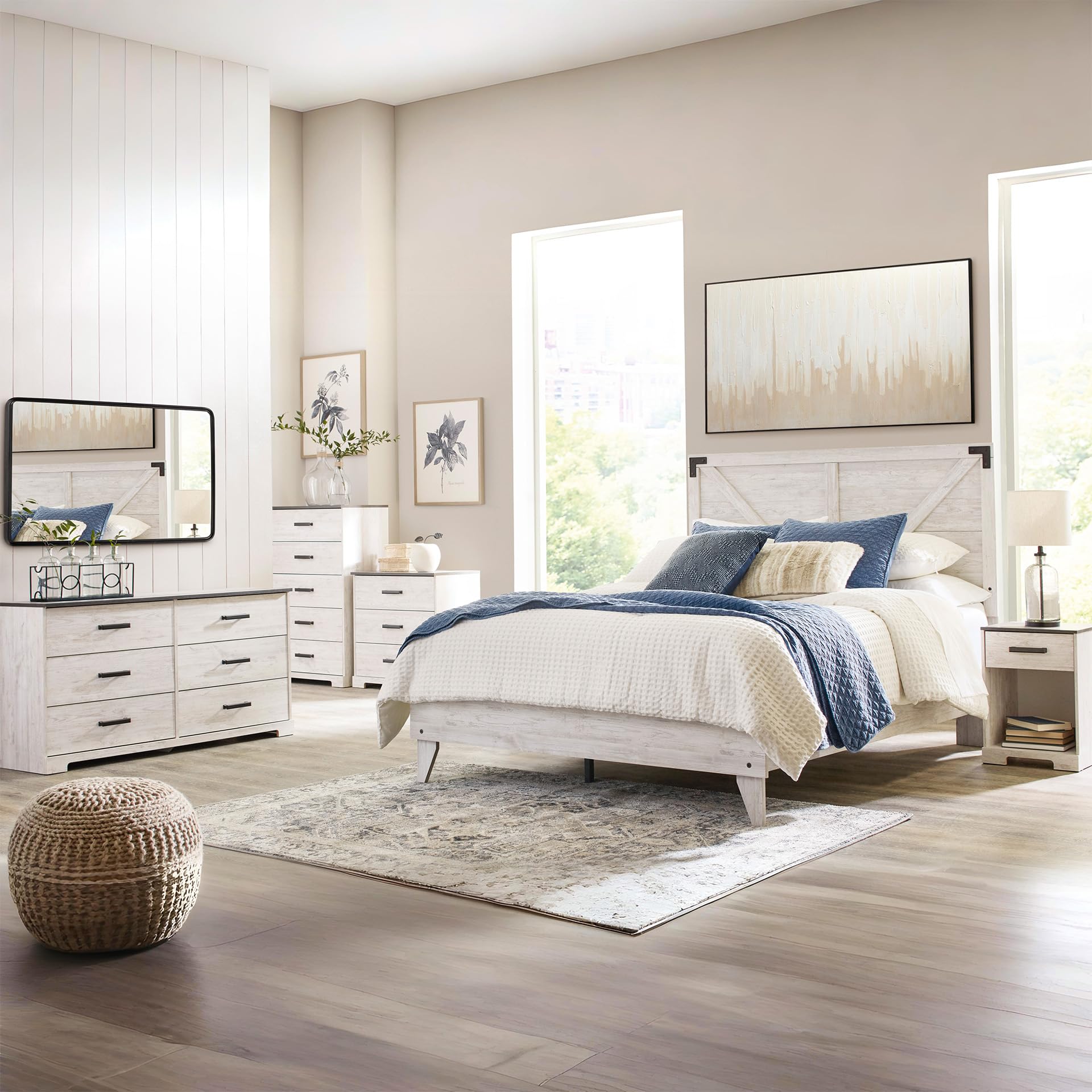 Signature Design by Ashley Shawburn Rustic 5 Drawer Chest of Smooth-Gliding Drawers and Safety Stop, White & Gray Gronata