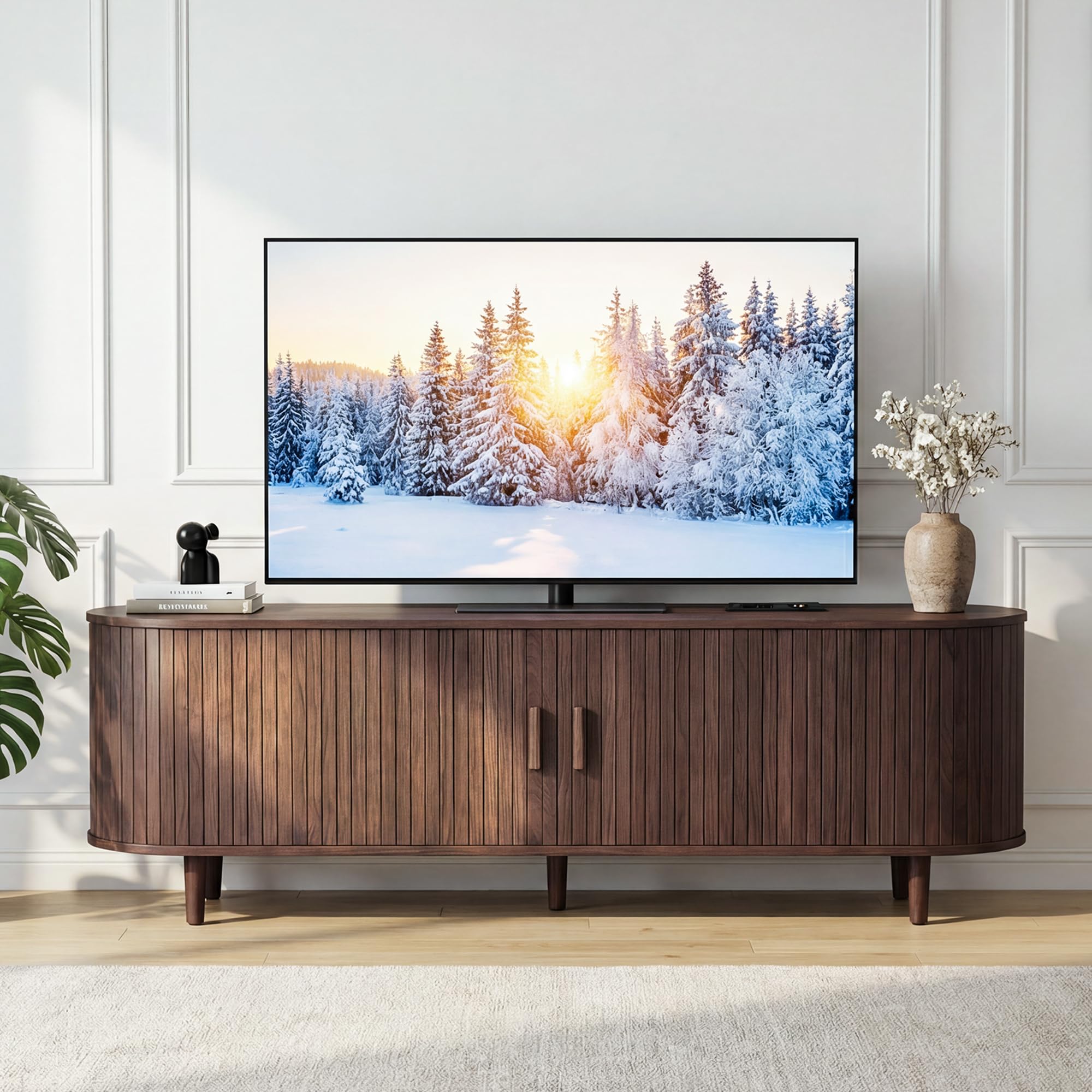 OneBlis 70" Mid Century Modern TV Stand, Wood TV Consoles with Sliding Doors and Power Outlet, Entertainment Center with Adjustable Shelves, Fluted TV Stands for Living Room, Walnut Gronata