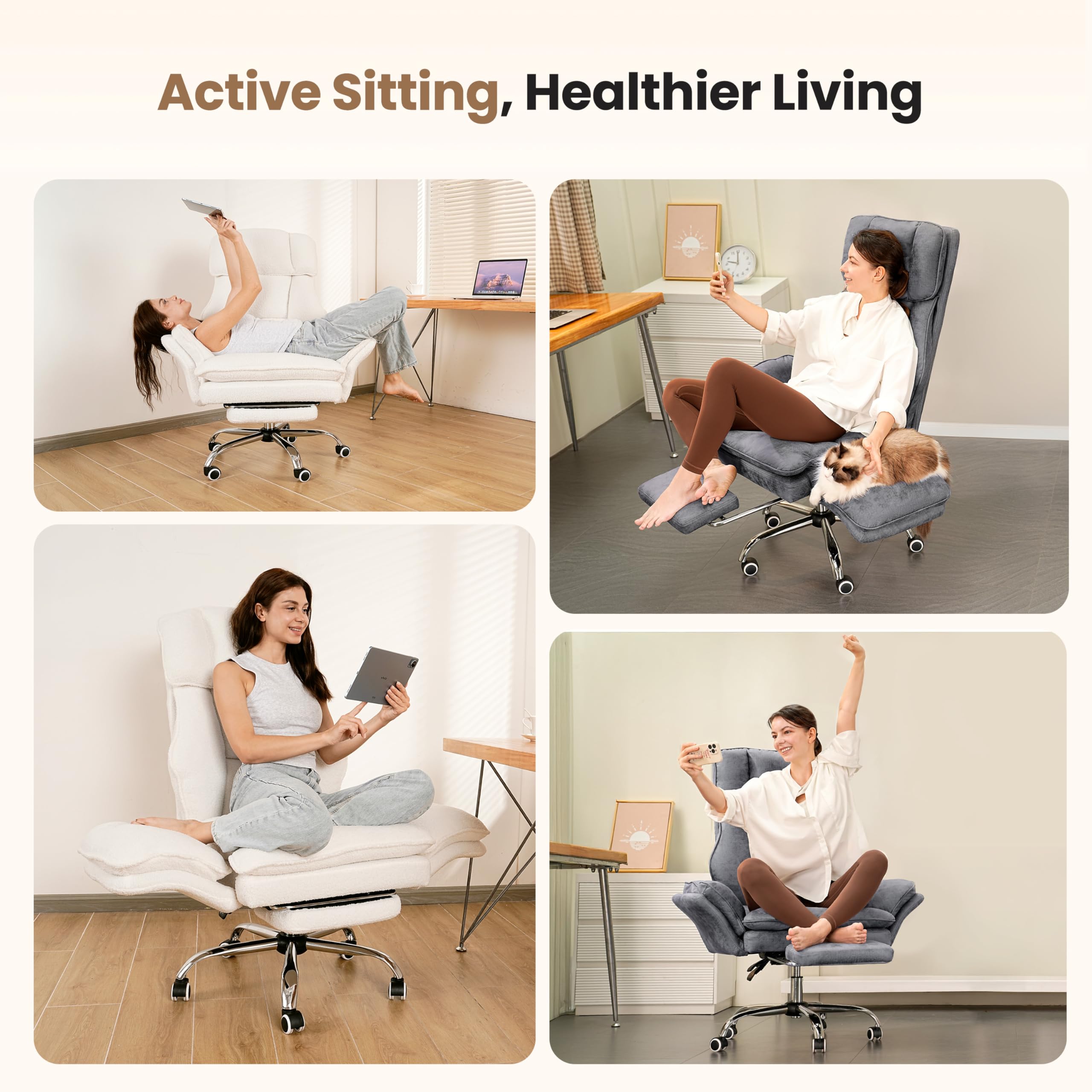 Big and Tall Office Chair, Flip Armrests for Pets & Cross Legged Sitting, Executive Ergonomic Computer Gaming Chair with Foot Rest, Teddy Fleece Wide Seat Reclining Desk Chair, White Vanity Chair Gronata