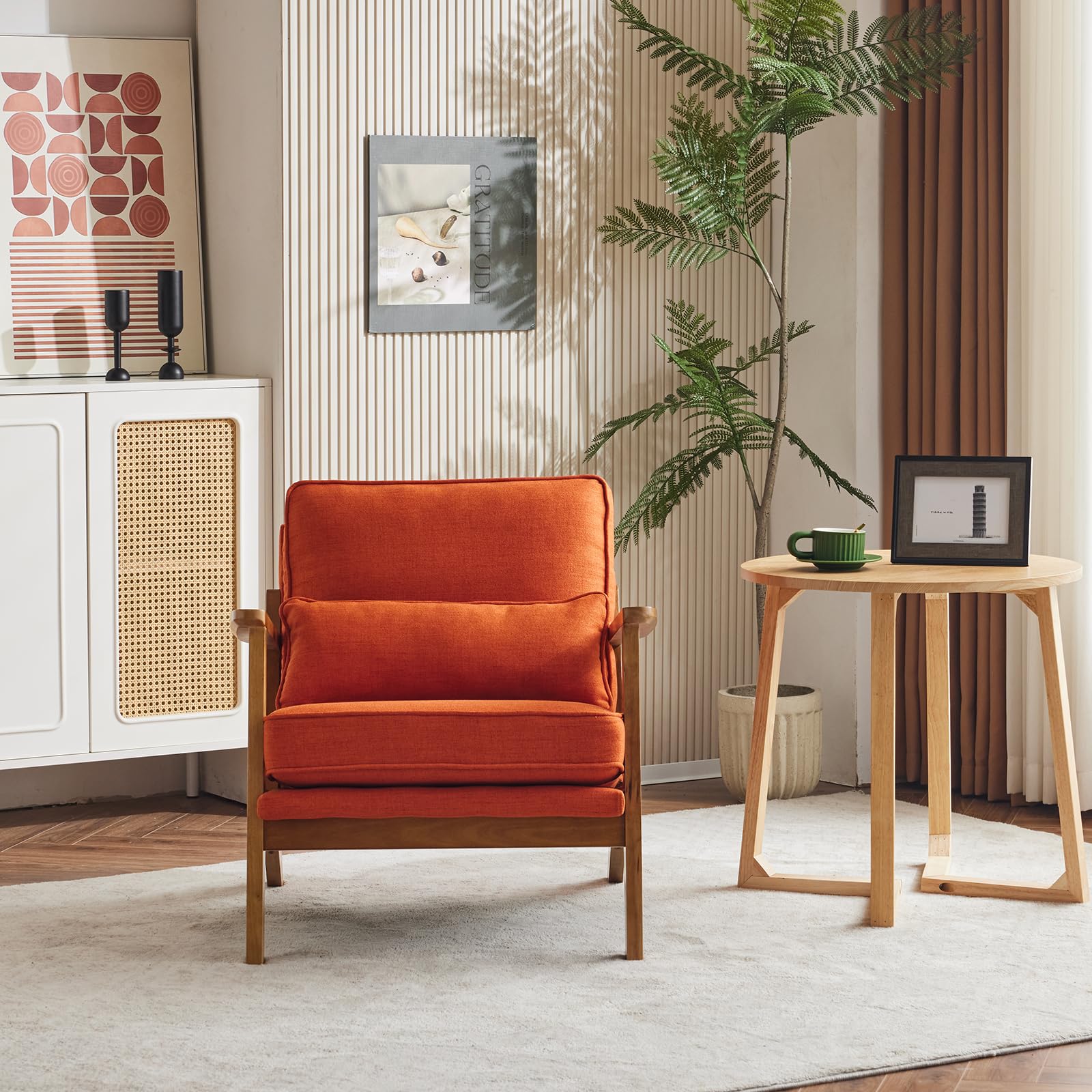 Karl home Accent Chair Wide Armrest Mid-Century Lounge Chair Linen Fabric Armchair with Lumbar Pillow & Solid Wood Frame for Living Room, Bedroom, Balcony, Green Gronata