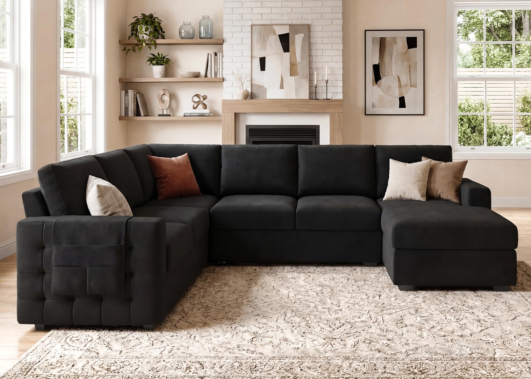 HONBAY Sectional Sleeper Sofa with Pull Out Bed U-Shape Sectional Couch Sleeper Bed with Storage Chaise 6 Seater Sleeper Sectional Sofa, Light Grey Gronata