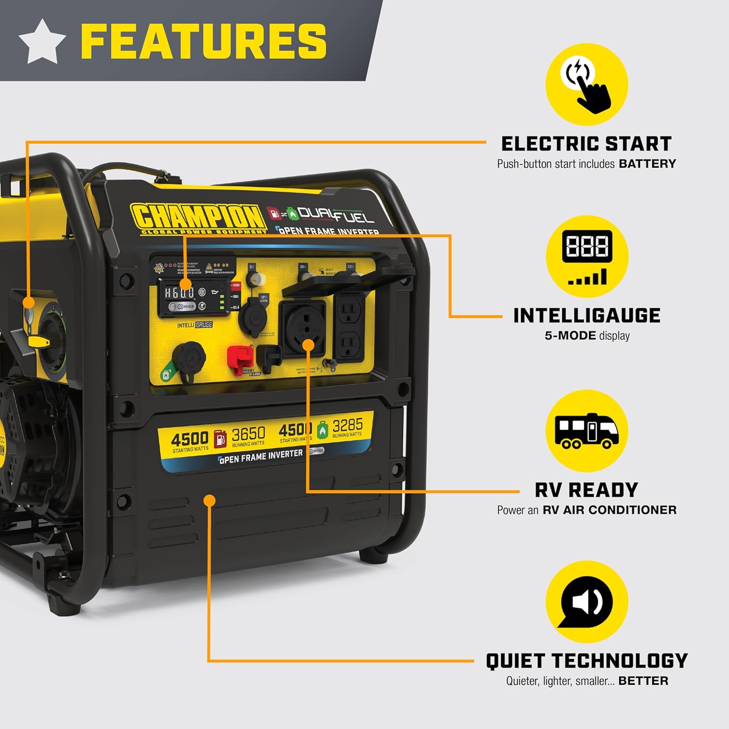 Champion Power Equipment 4,500-Watt Electric Start Dual Fuel RV Ready Portable Open Frame Inverter Generator with Quiet Technology and Free 3-Year Warranty Gronata