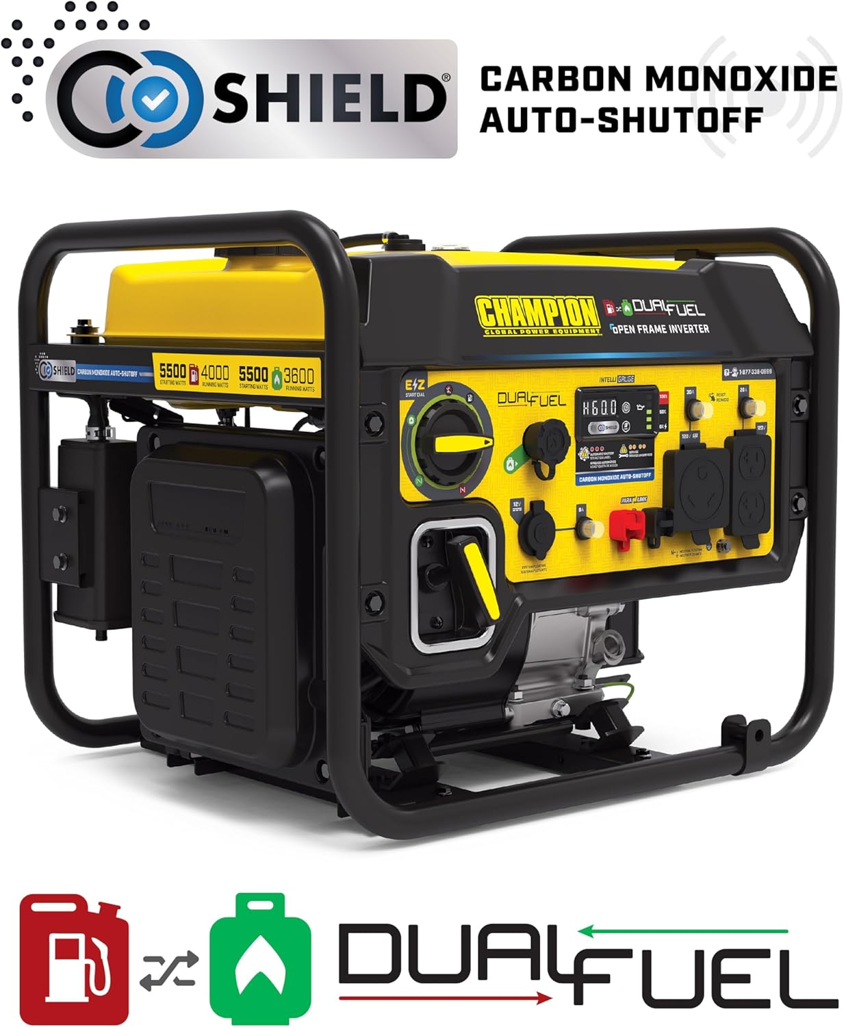 Champion Power Equipment 5500-Watt Dual Fuel RV Ready Portable Open Frame Inverter Generator with Quiet Technology and Free 3-Year Warranty, CARB Compliant Gronata