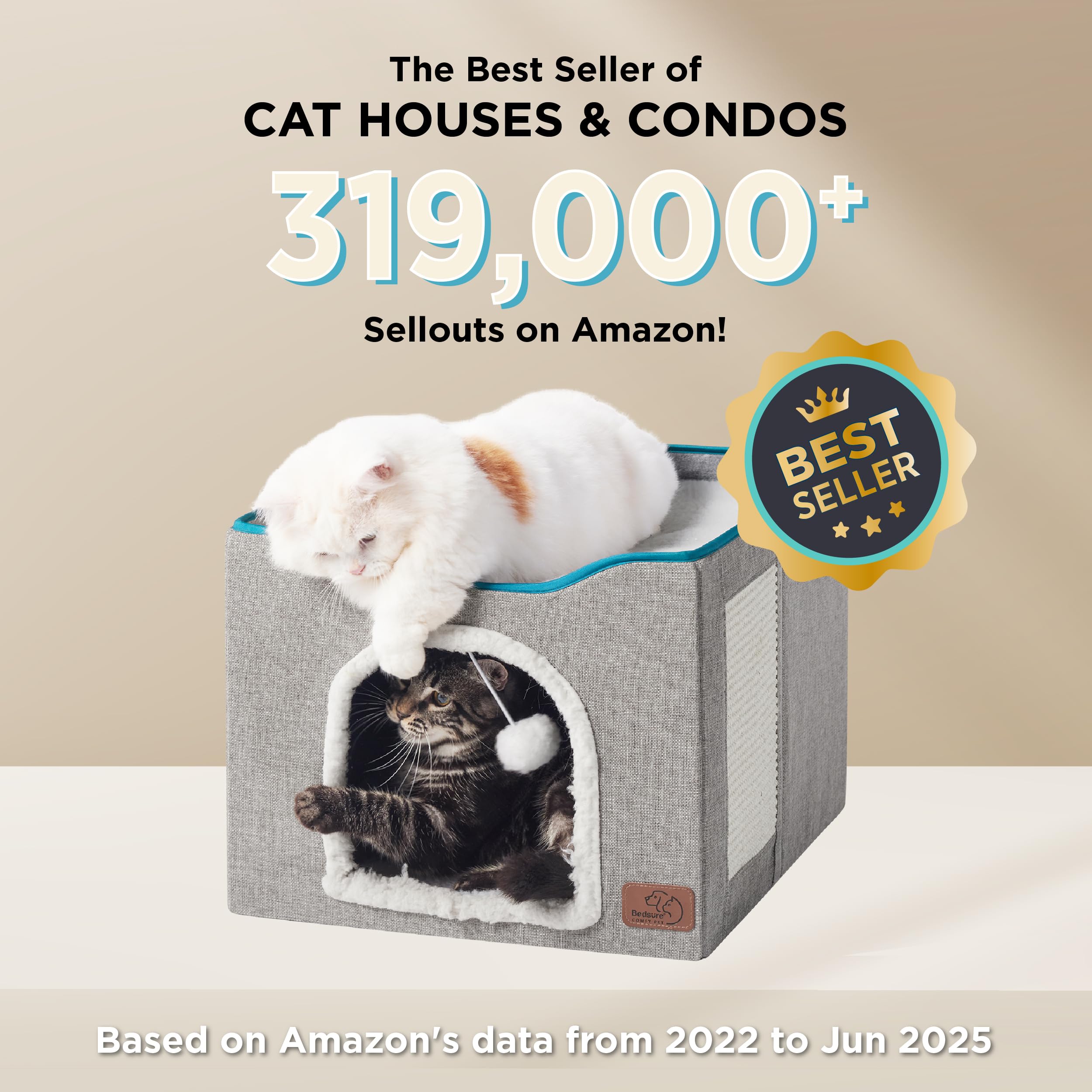 Bedsure Cat Beds for Indoor Cats - Large Cat Cave for Pet Cat House with Fluffy Ball Hanging and Scratch Pad, Foldable Cat Hideaway, 16.5x16.5x13 inches, Grey Gronata