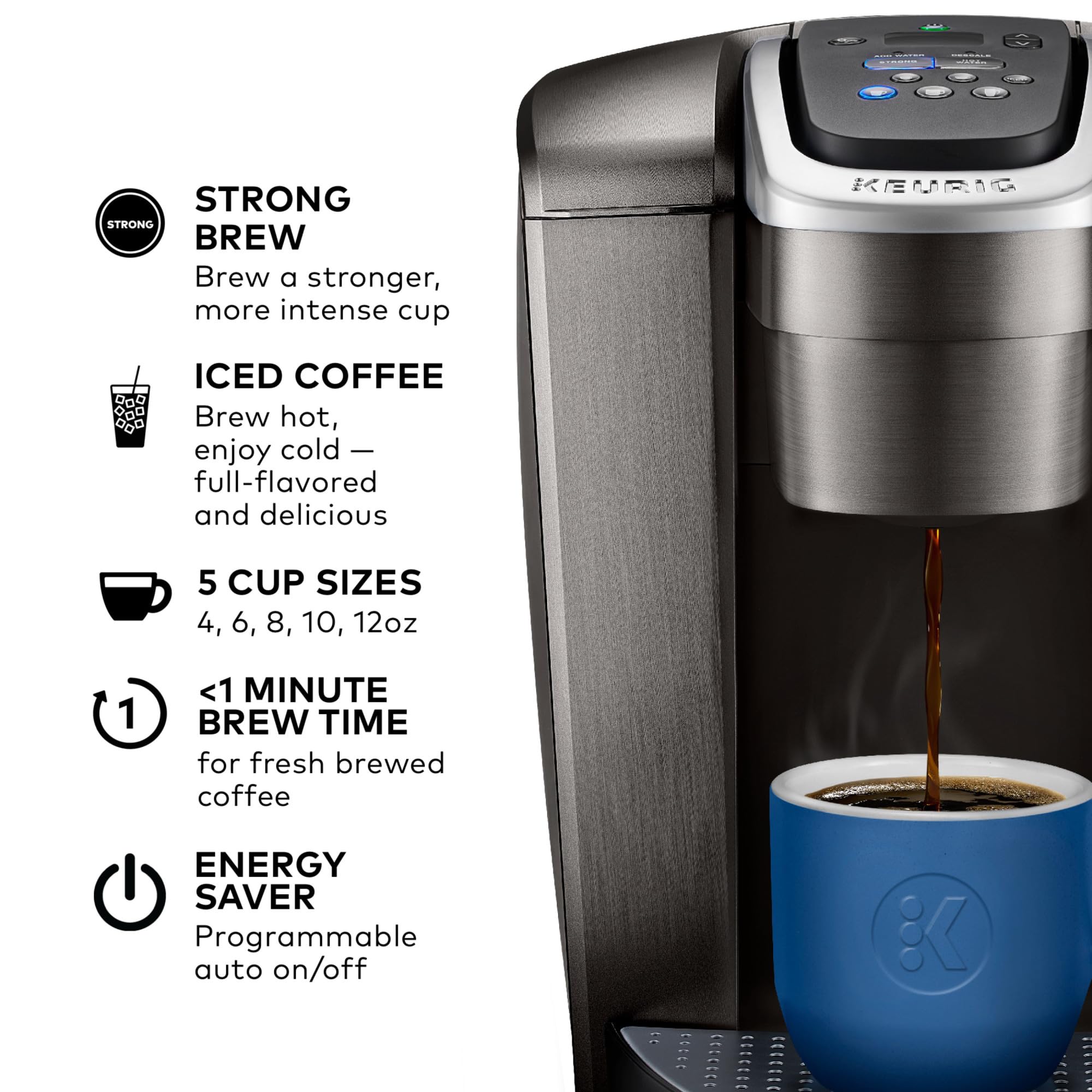Keurig K-Elite Single Serve K-Cup Pod Coffee Maker, with Strength and Temperature Control, Iced Coffee Capability, 8 to 12oz Brew Size, Programmable, Brushed Slate Gronata