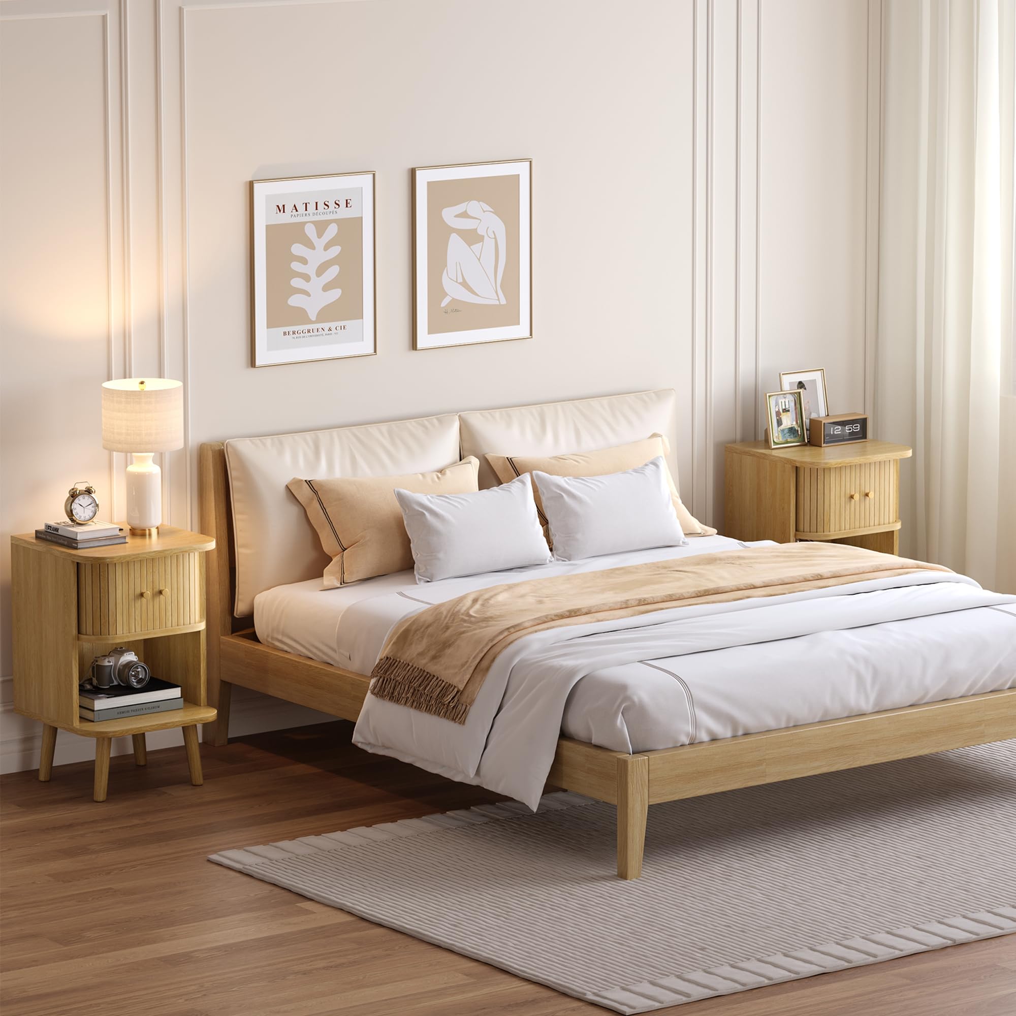 Decofy Fluted Nightstand Set of 2, Mid Century Modern Bedside Table with Charging Station, Walnut End Tables with Sliding Tambour Doors, Storage Cabinet and Open Shelf for Bedroom, Walnut Gronata