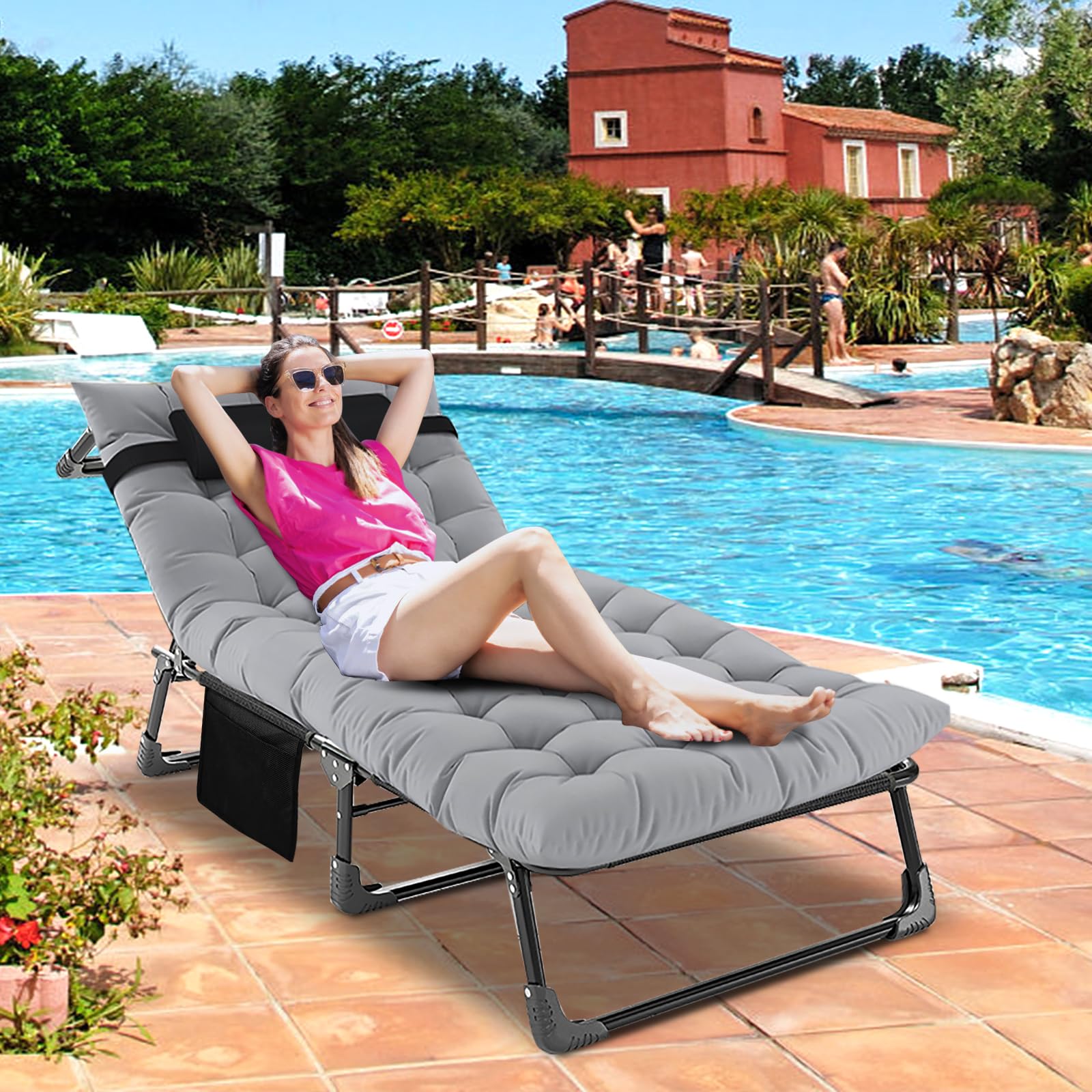 DoCred Heavy Duty Chaise Lounge Chair, Adjustable 5-Position Folding Chaise Lounge Chairs for Outside, Portable Lay Flat Beach Lounge Chair for Outdoor Sunbathing Beach Pool Lawn Camping Gronata