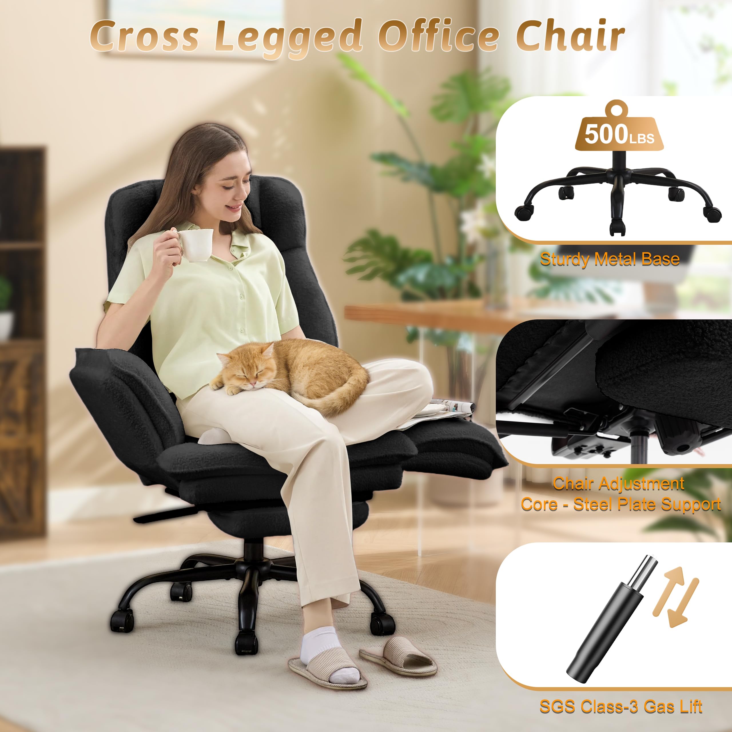 Office Chair,Big and Tall Heavy-Duty Executive Reclining Computer Gaming Chair with Footrest,Flip Armrests,Lumbar Pillow&Thicken Wider Seat for Criss Cross Legged Desk Vanity Chair,Teddy Fabric White Gronata
