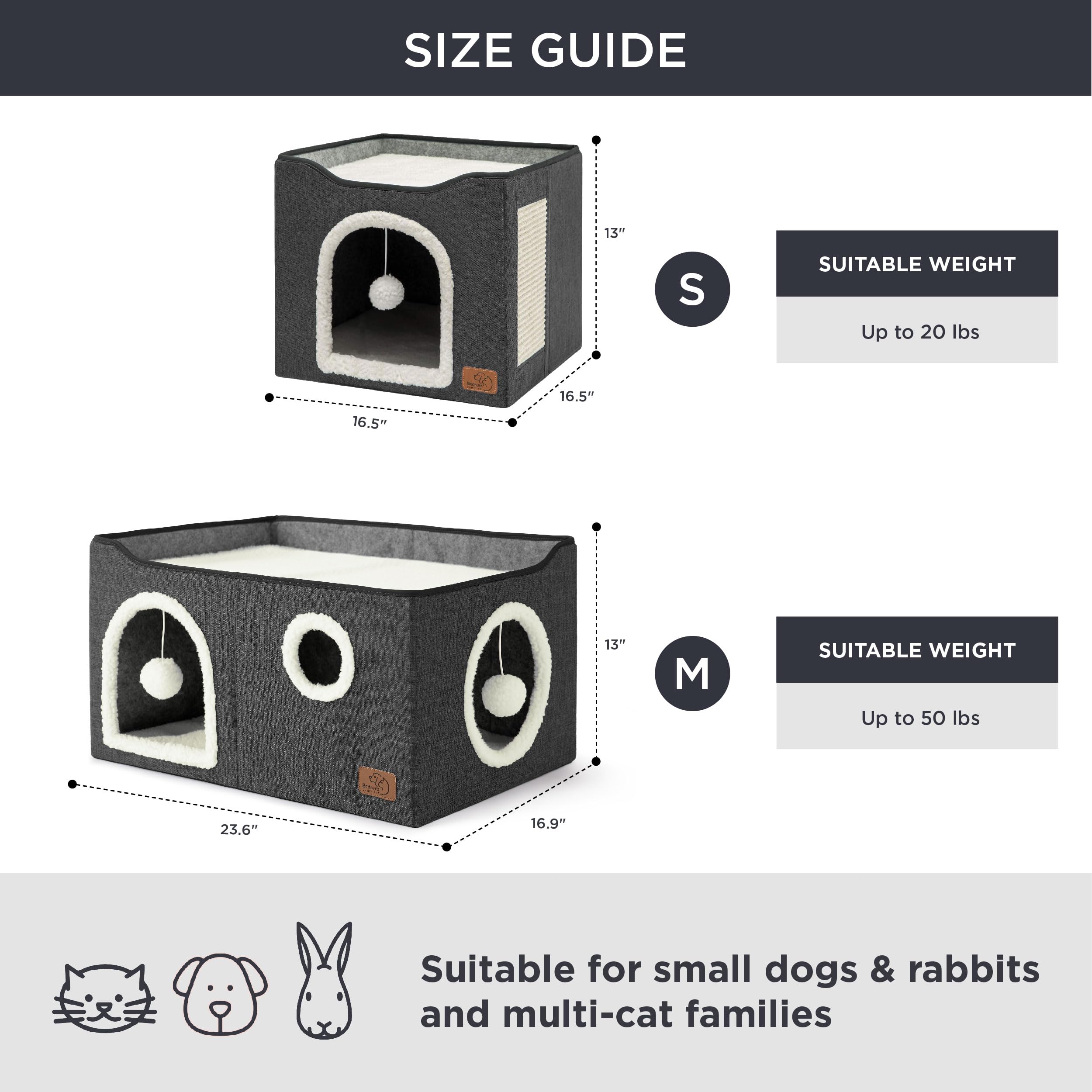 Bedsure Cat Beds for Indoor Cats - Large Cat Cave for Pet Cat House with Fluffy Ball Hanging and Scratch Pad, Foldable Cat Hideaway, 16.5x16.5x13 inches, Grey Gronata