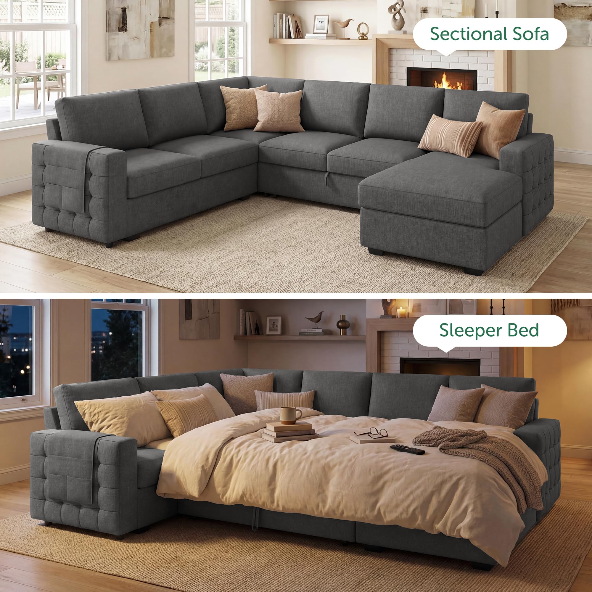 HONBAY Sectional Sleeper Sofa with Pull Out Bed U-Shape Sectional Couch Sleeper Bed with Storage Chaise 6 Seater Sleeper Sectional Sofa, Light Grey Gronata