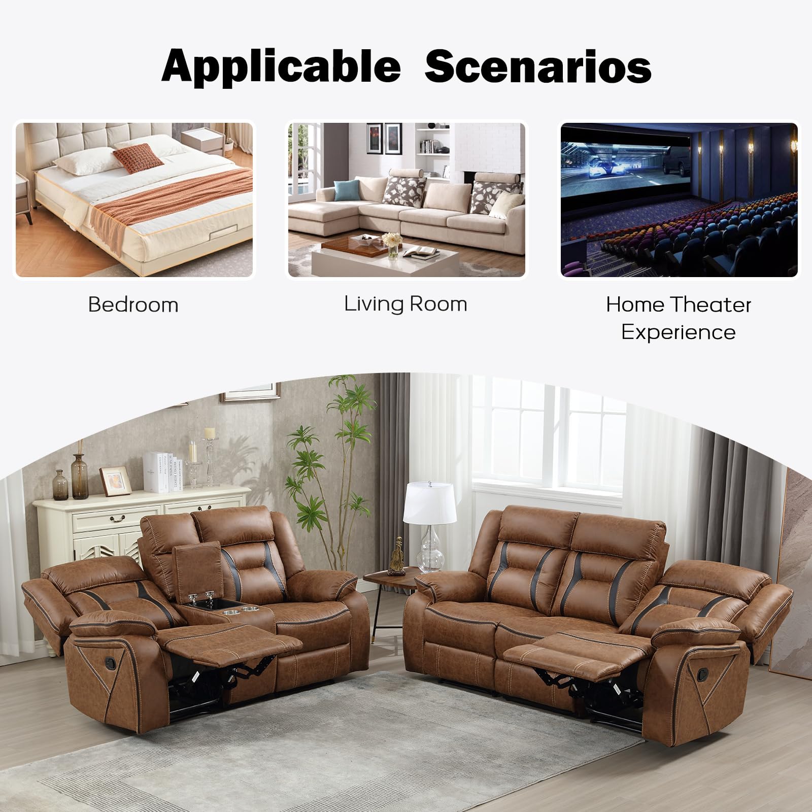 EBELLO Faux Leather Recliner Sofa Furniture Set for Living Room, 2 Recliner Chairs, 3 Seat Reclining Sofa Couch Set for Meeting Room, Brown Gronata