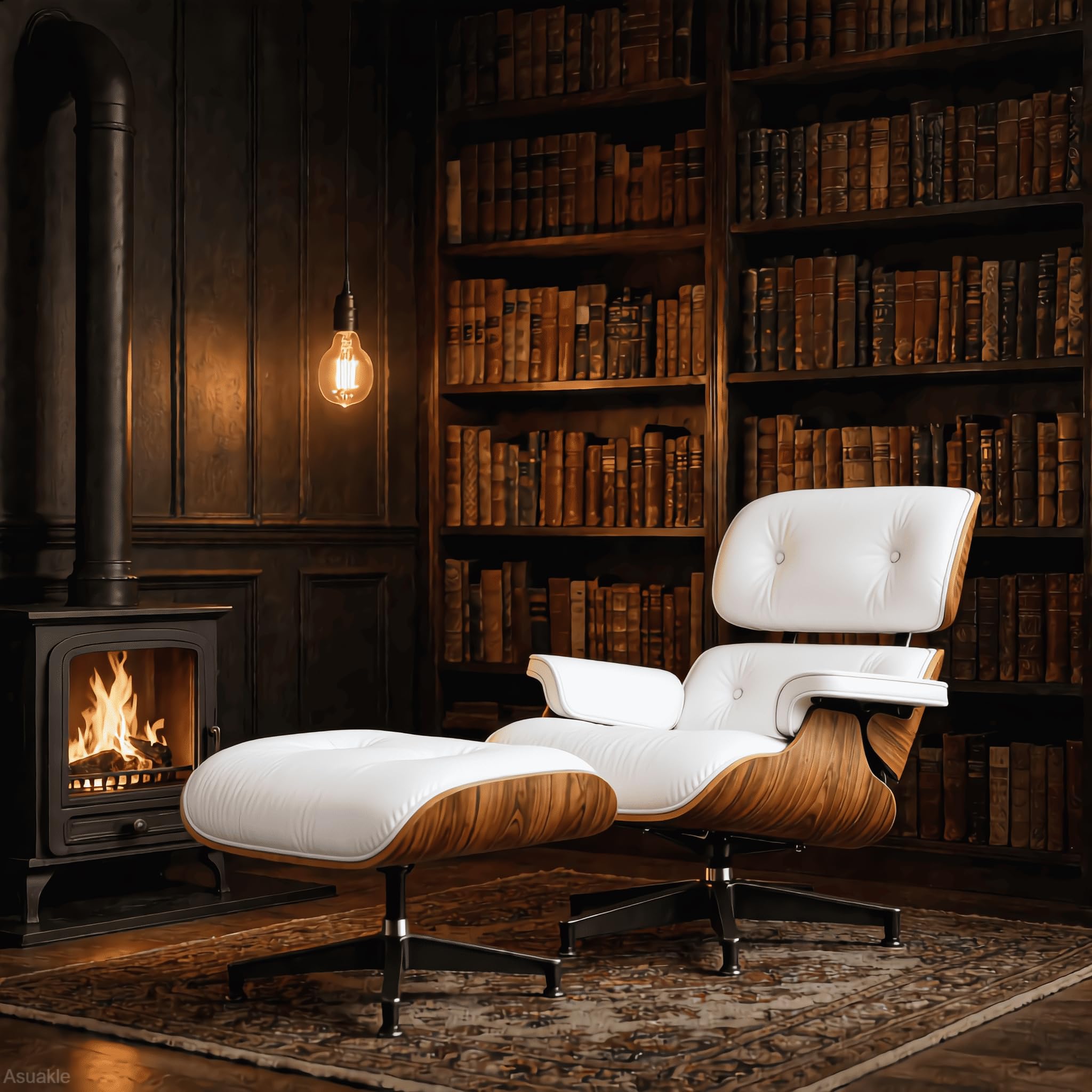 Asukale Top Grain Leather, Mid Century Chaise Lounge Chair and Ottoman, Modern Chair Classic Design, Heavy Duty Base Support for Living Room Study Lounge Office, Palisander-White Gronata