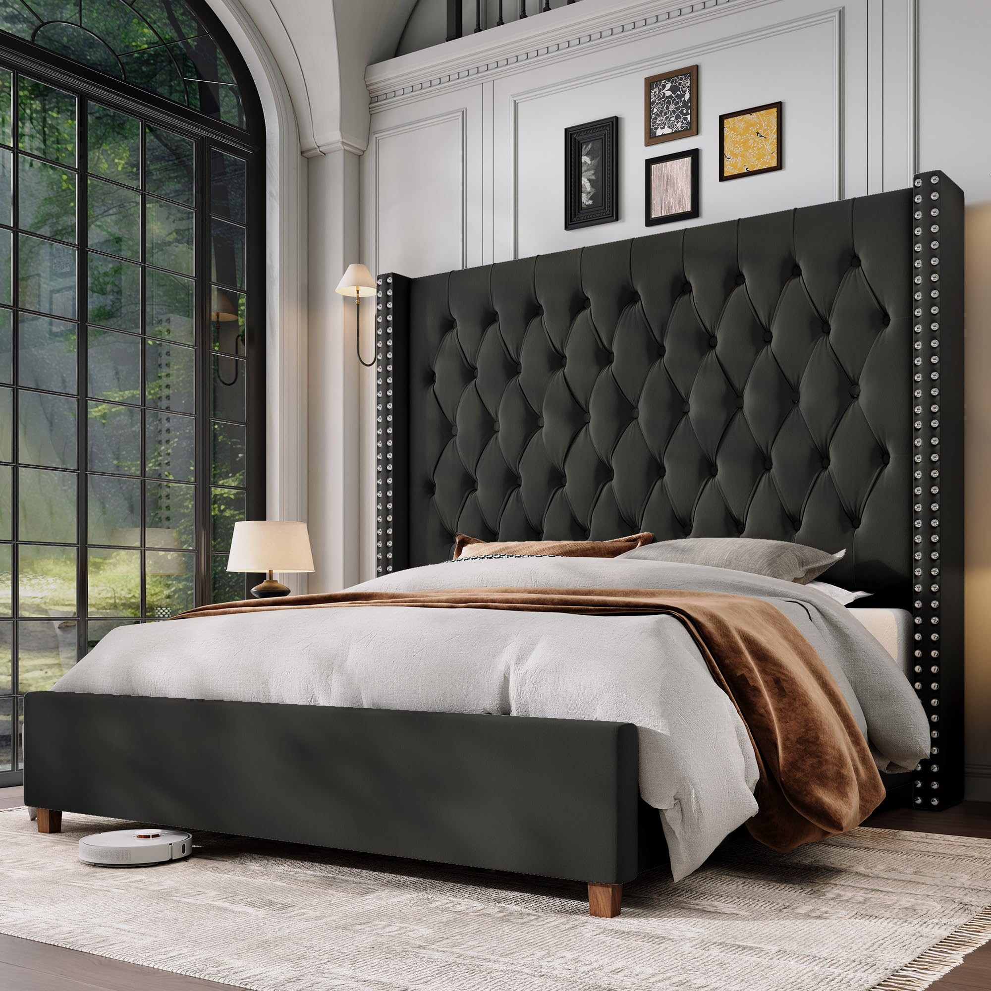 Jocisland Queen Size Bed Frame 61.4" Extra Tall Wingback Headboard Velvet Upholstered Deep Button Tufted Platform Bed with Solid Wood Legs & Wood Slats, No Box Spring Needed, Black Gronata