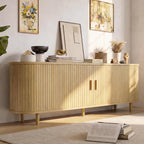 OneBlis 70" Mid Century Modern TV Stand, Wood TV Consoles with Sliding Doors and Power Outlet, Entertainment Center with Adjustable Shelves, Fluted TV Stands for Living Room, Walnut Gronata