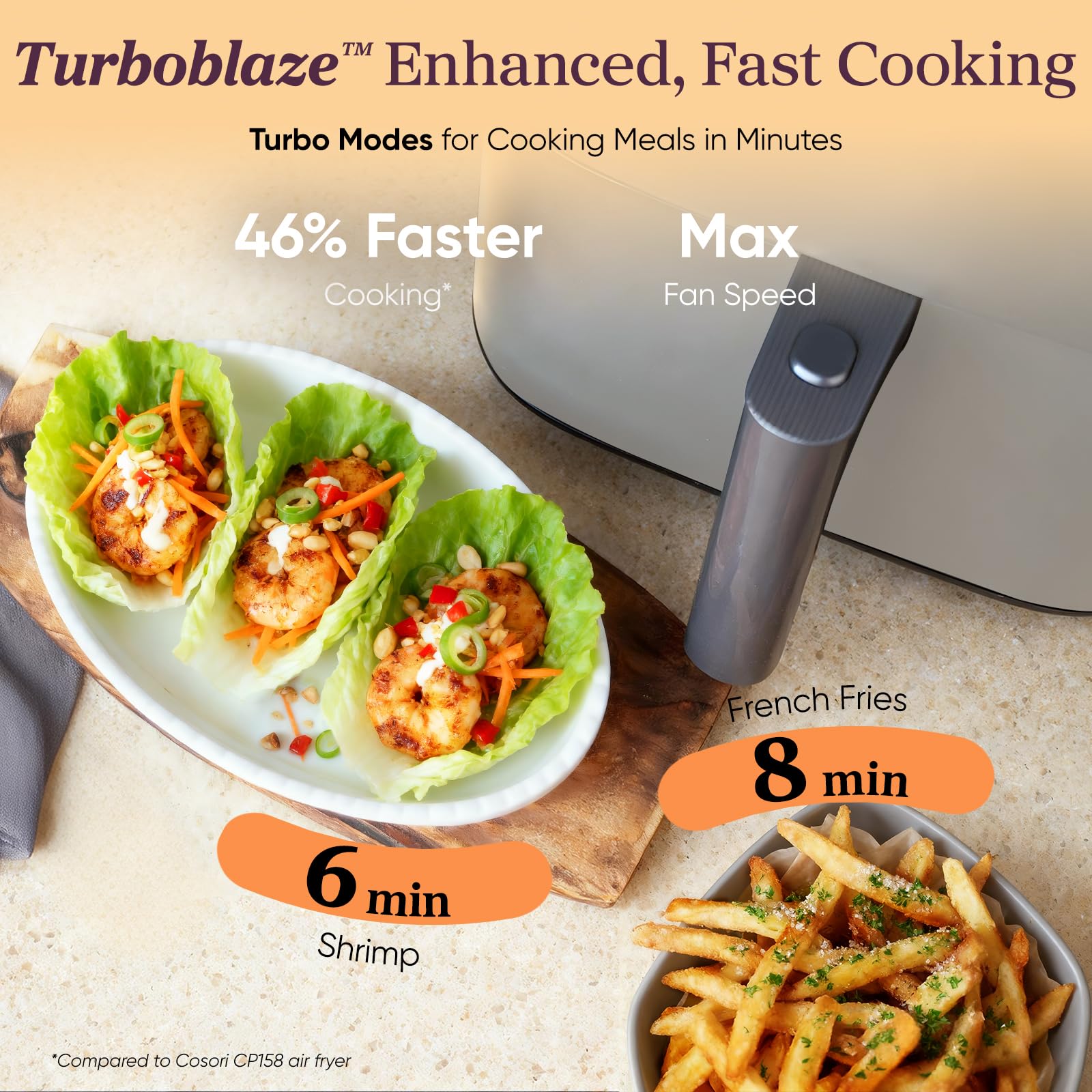 Cosori 9-in-1 TurboBlaze Air Fryer 6 Qt, PFAS-Free Ceramic Coating, 90°–450°F, Precise Heating for Even Results, Air Fry, Roast, Bake, Broil, Dry, Frozen, Proof, Reheat, Keep Warm, 120V, Dark Gray Gronata