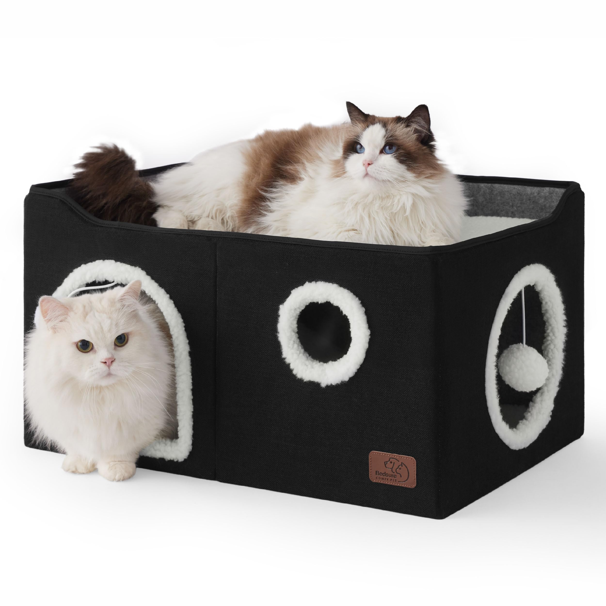 Bedsure Cat Beds for Indoor Cats - Large Cat Cave for Pet Cat House with Fluffy Ball Hanging and Scratch Pad, Foldable Cat Hideaway, 16.5x16.5x13 inches, Grey Gronata