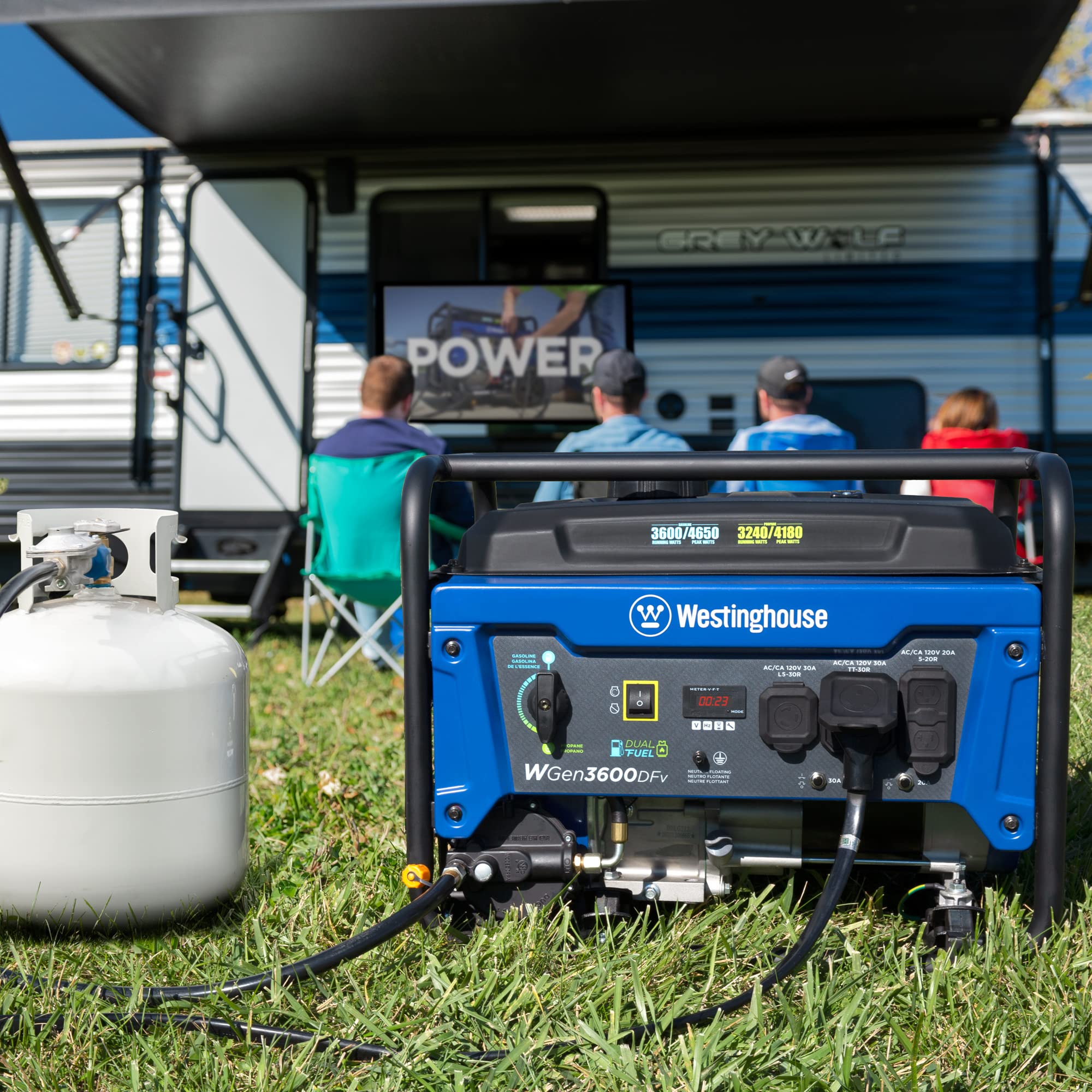Westinghouse 4650 Peak Watt Dual Fuel Portable Generator, Remote Electric Start with Auto Choke, RV Ready 30A Outlet, Gas & Propane Powered, CO Sensor Gronata