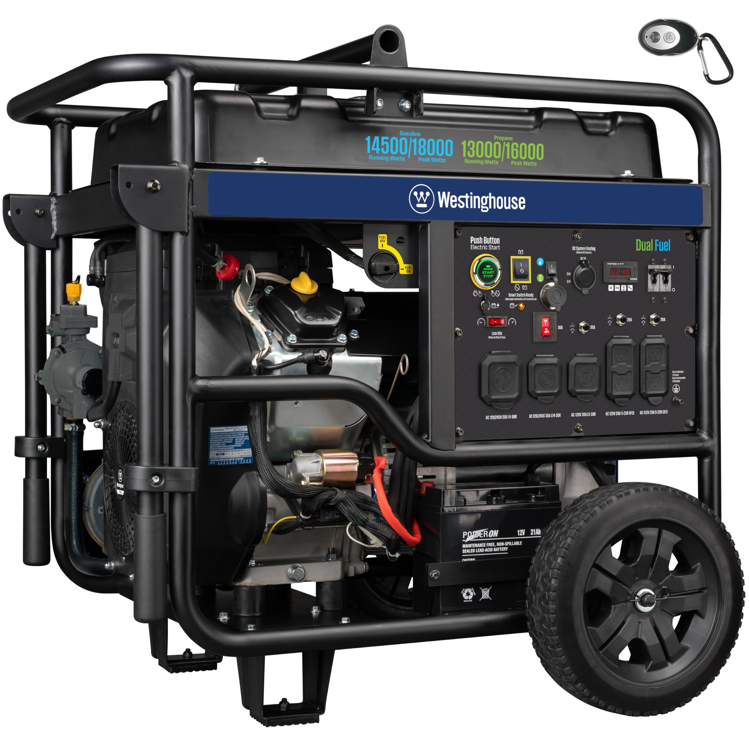 Westinghouse WGen9500DF Dual Fuel Home Backup Portable Generator, 12500 Peak Watts & 9500 Rated Watts, Remote Electric Start, Transfer Switch Ready, Gas and Propane Powered, CARB Compliant Gronata
