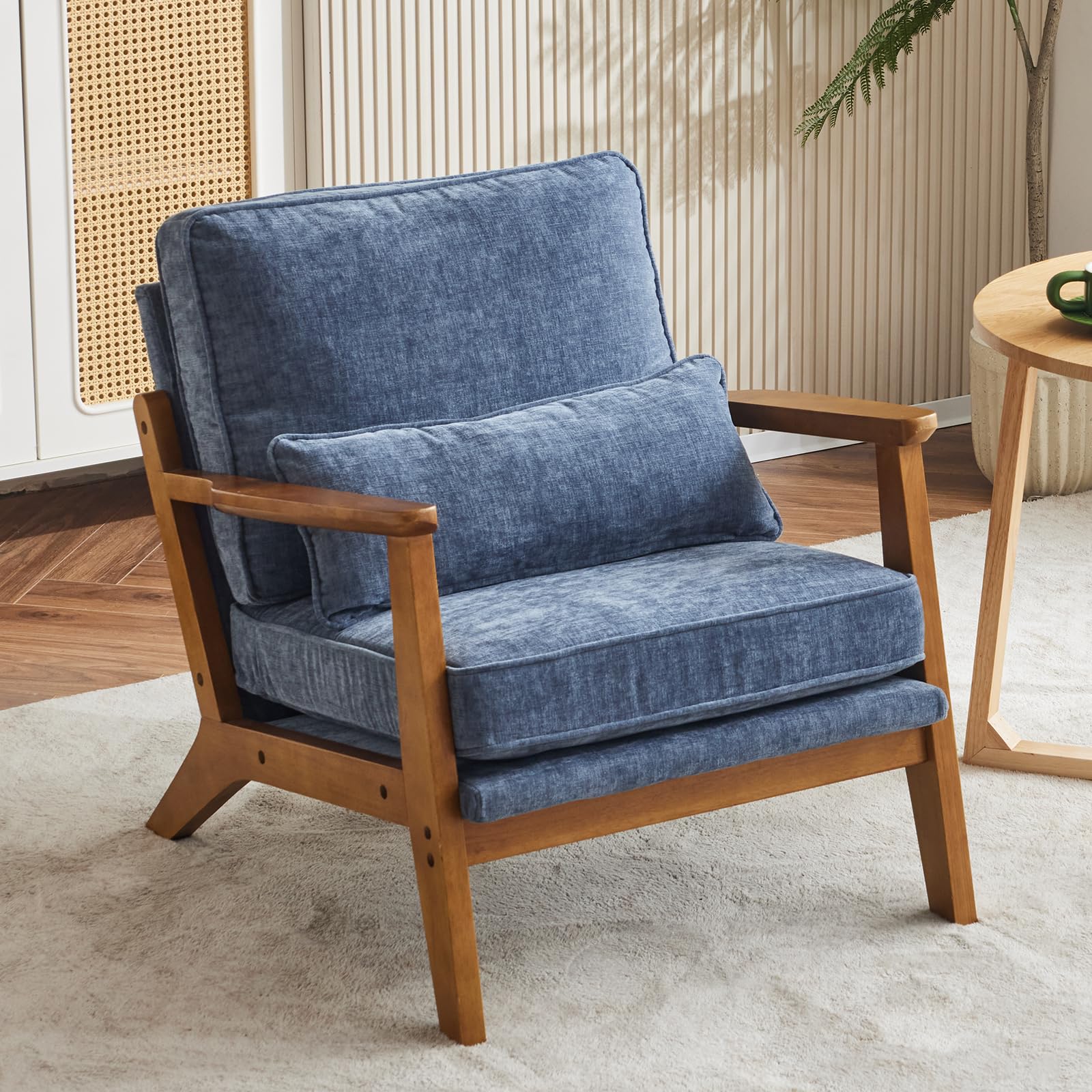Karl home Accent Chair Wide Armrest Mid-Century Lounge Chair Linen Fabric Armchair with Lumbar Pillow & Solid Wood Frame for Living Room, Bedroom, Balcony, Green Gronata
