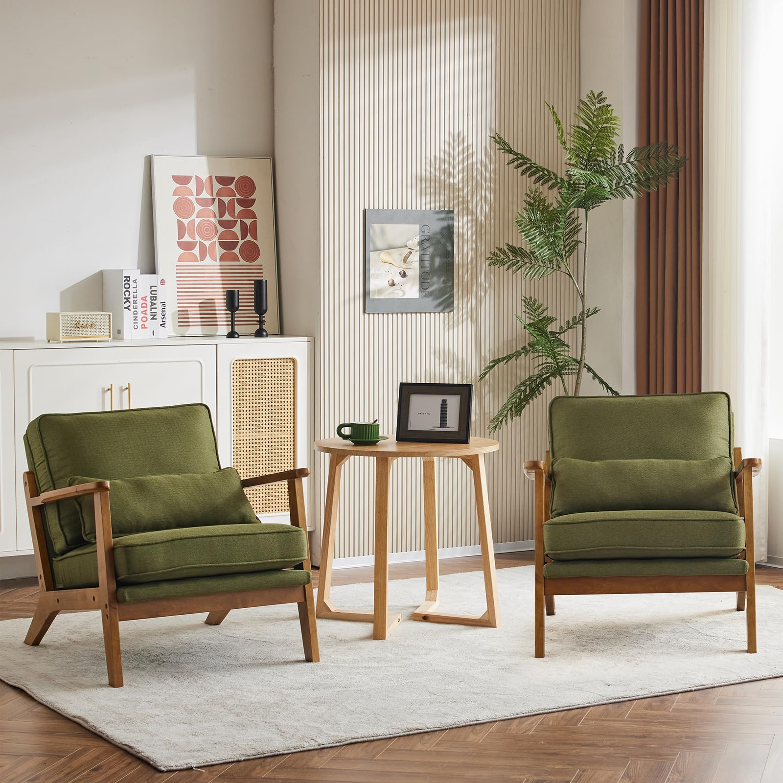 Karl home Accent Chair Wide Armrest Mid-Century Lounge Chair Linen Fabric Armchair with Lumbar Pillow & Solid Wood Frame for Living Room, Bedroom, Balcony, Green Gronata