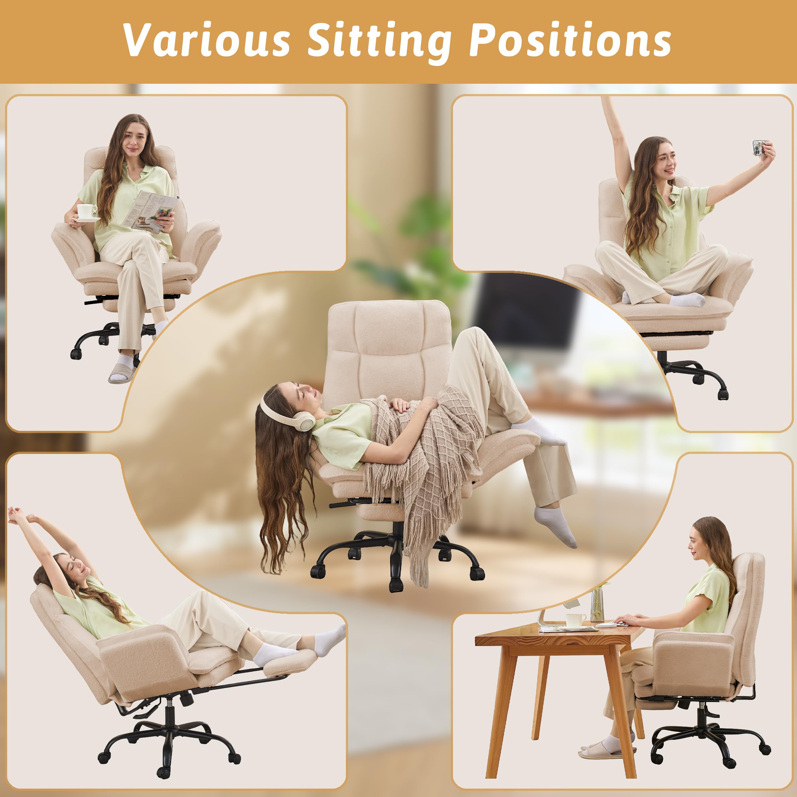 Office Chair,Big and Tall Heavy-Duty Executive Reclining Computer Gaming Chair with Footrest,Flip Armrests,Lumbar Pillow&Thicken Wider Seat for Criss Cross Legged Desk Vanity Chair,Teddy Fabric White Gronata
