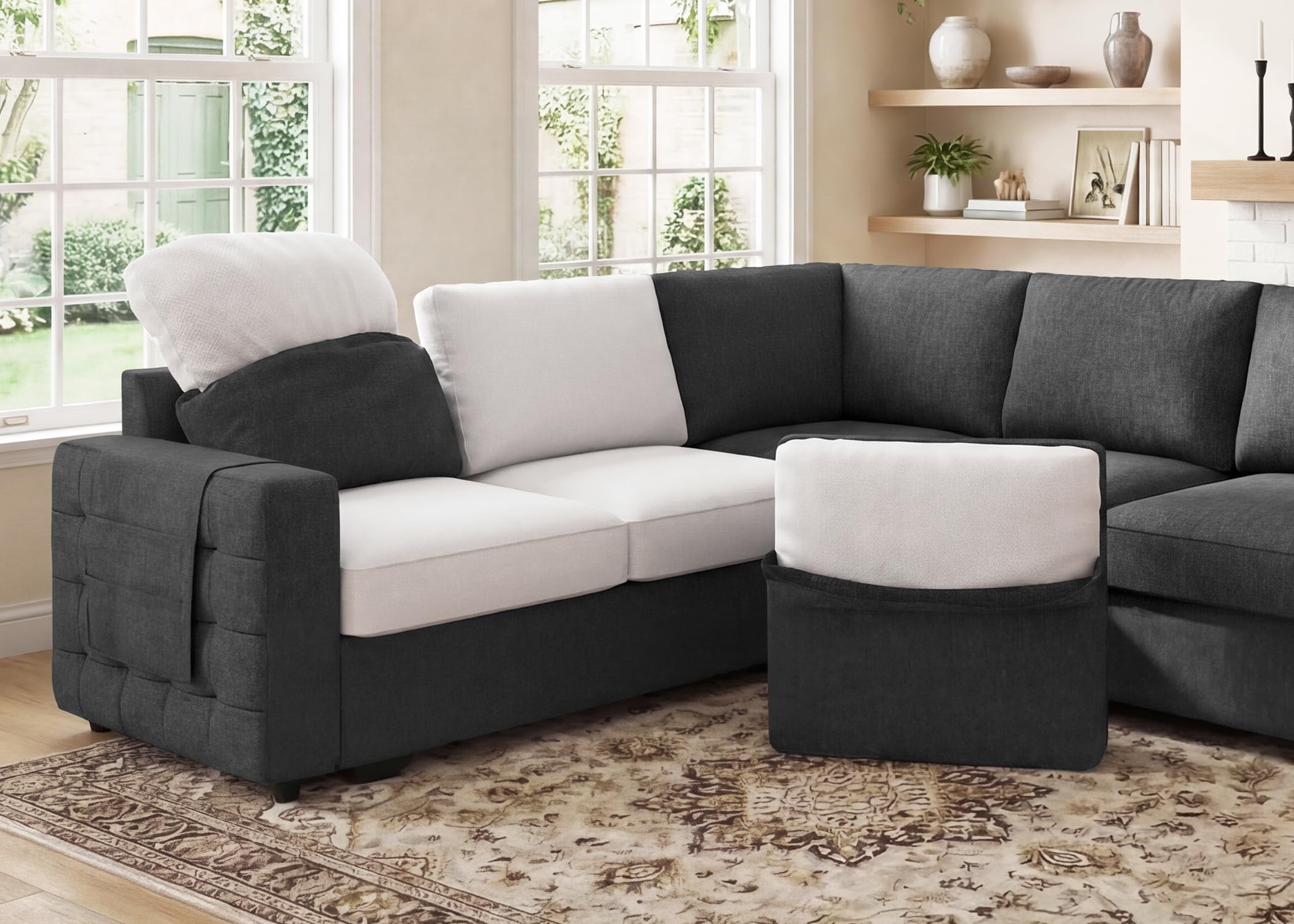 HONBAY Sectional Sleeper Sofa with Pull Out Bed U-Shape Sectional Couch Sleeper Bed with Storage Chaise 6 Seater Sleeper Sectional Sofa, Light Grey Gronata