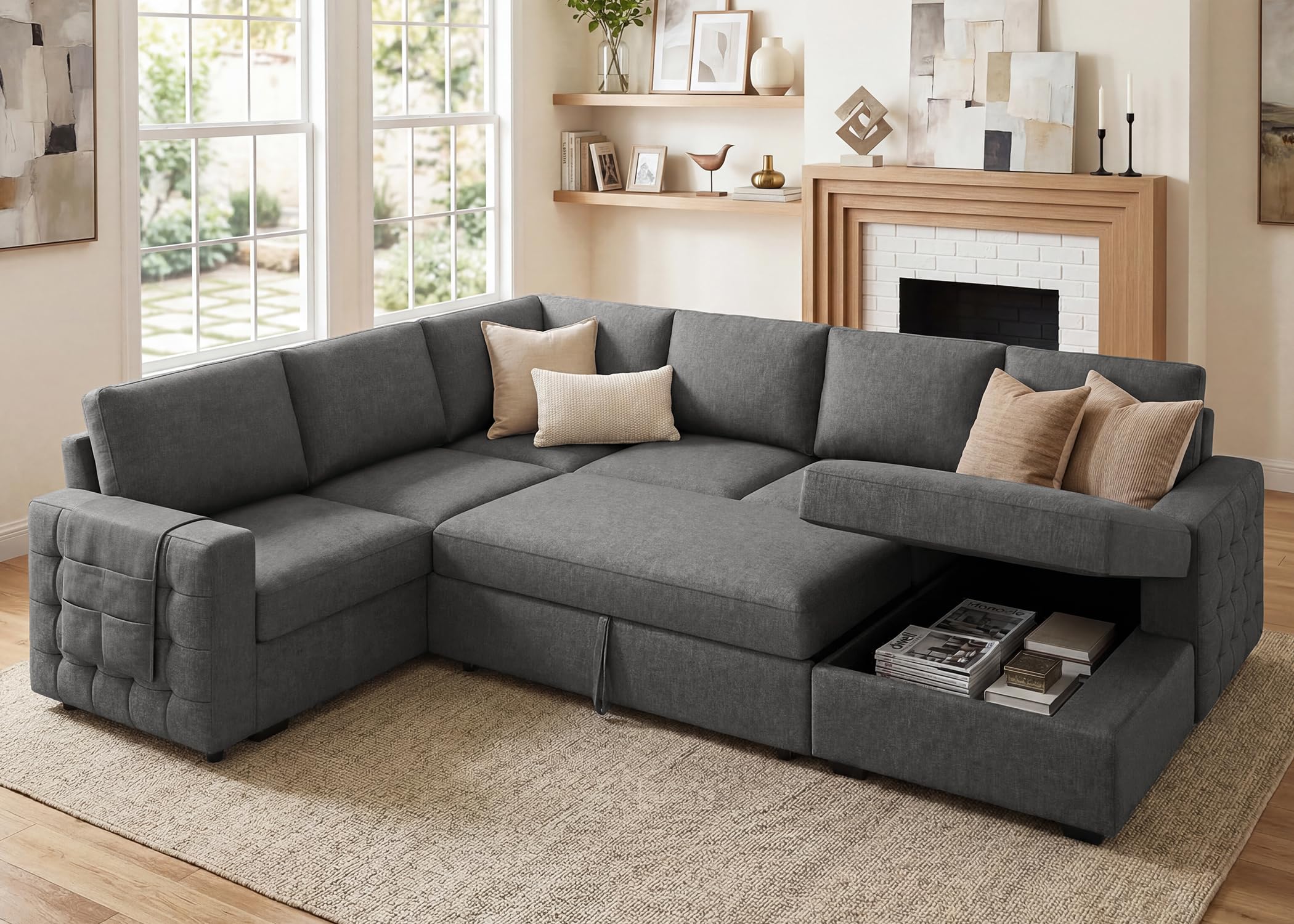 HONBAY Sectional Sleeper Sofa with Pull Out Bed U-Shape Sectional Couch Sleeper Bed with Storage Chaise 6 Seater Sleeper Sectional Sofa, Light Grey Gronata
