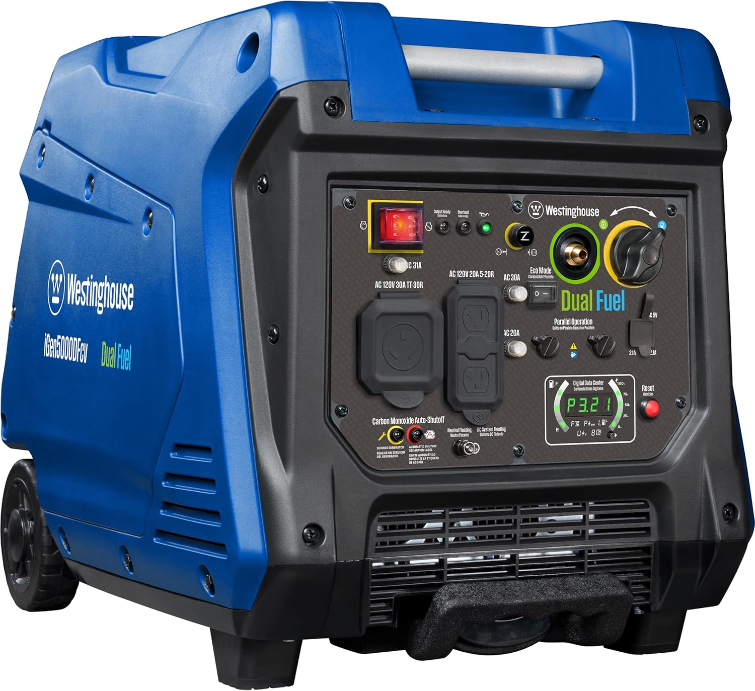 Westinghouse 5000 Peak Watt Super Quiet Dual Fuel Portable Inverter Generator, Wheel & Handle Kit, Gas & Propane Powered, RV Ready, CO Sensor, Parallel Capable Gronata