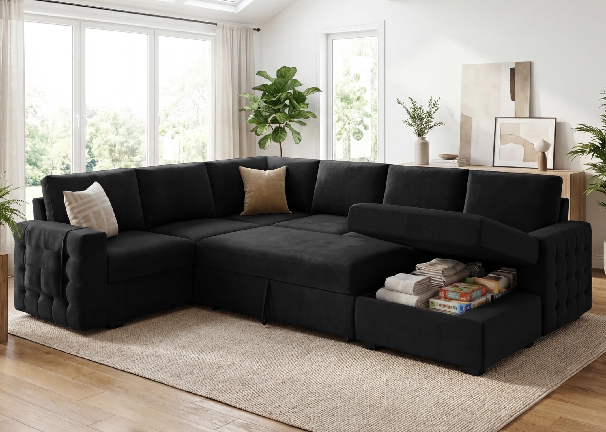 HONBAY Sectional Sleeper Sofa with Pull Out Bed U-Shape Sectional Couch Sleeper Bed with Storage Chaise 6 Seater Sleeper Sectional Sofa, Light Grey Gronata