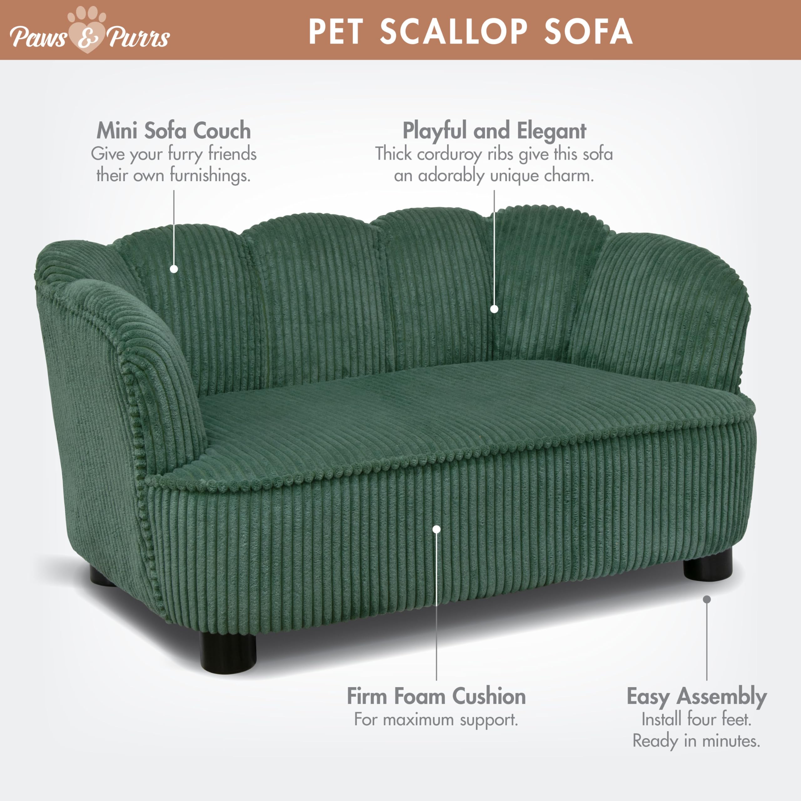 Paws & Purrs Retro Scalloped Back Sofa Style Pet Bed, Dog & Cat Couch with Tufted Cushion & Armrest, Stylish Indoor Pet Furniture, Sage Gronata