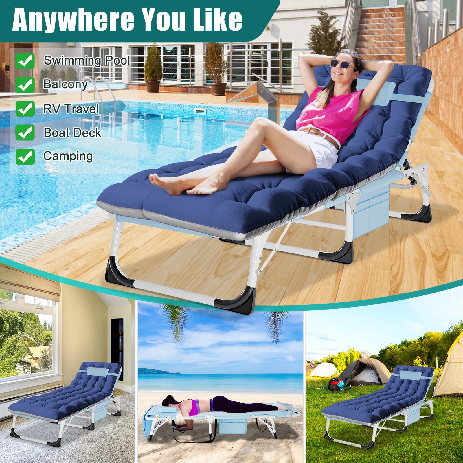 DoCred Heavy Duty Chaise Lounge Chair, Adjustable 5-Position Folding Chaise Lounge Chairs for Outside, Portable Lay Flat Beach Lounge Chair for Outdoor Sunbathing Beach Pool Lawn Camping Gronata