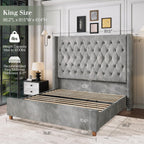 Jocisland Queen Size Bed Frame 61.4" Extra Tall Wingback Headboard Velvet Upholstered Deep Button Tufted Platform Bed with Solid Wood Legs & Wood Slats, No Box Spring Needed, Black Gronata