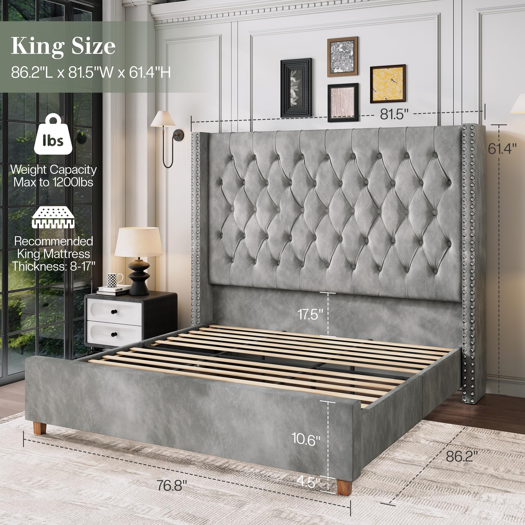 Jocisland Queen Size Bed Frame 61.4" Extra Tall Wingback Headboard Velvet Upholstered Deep Button Tufted Platform Bed with Solid Wood Legs & Wood Slats, No Box Spring Needed, Black Gronata
