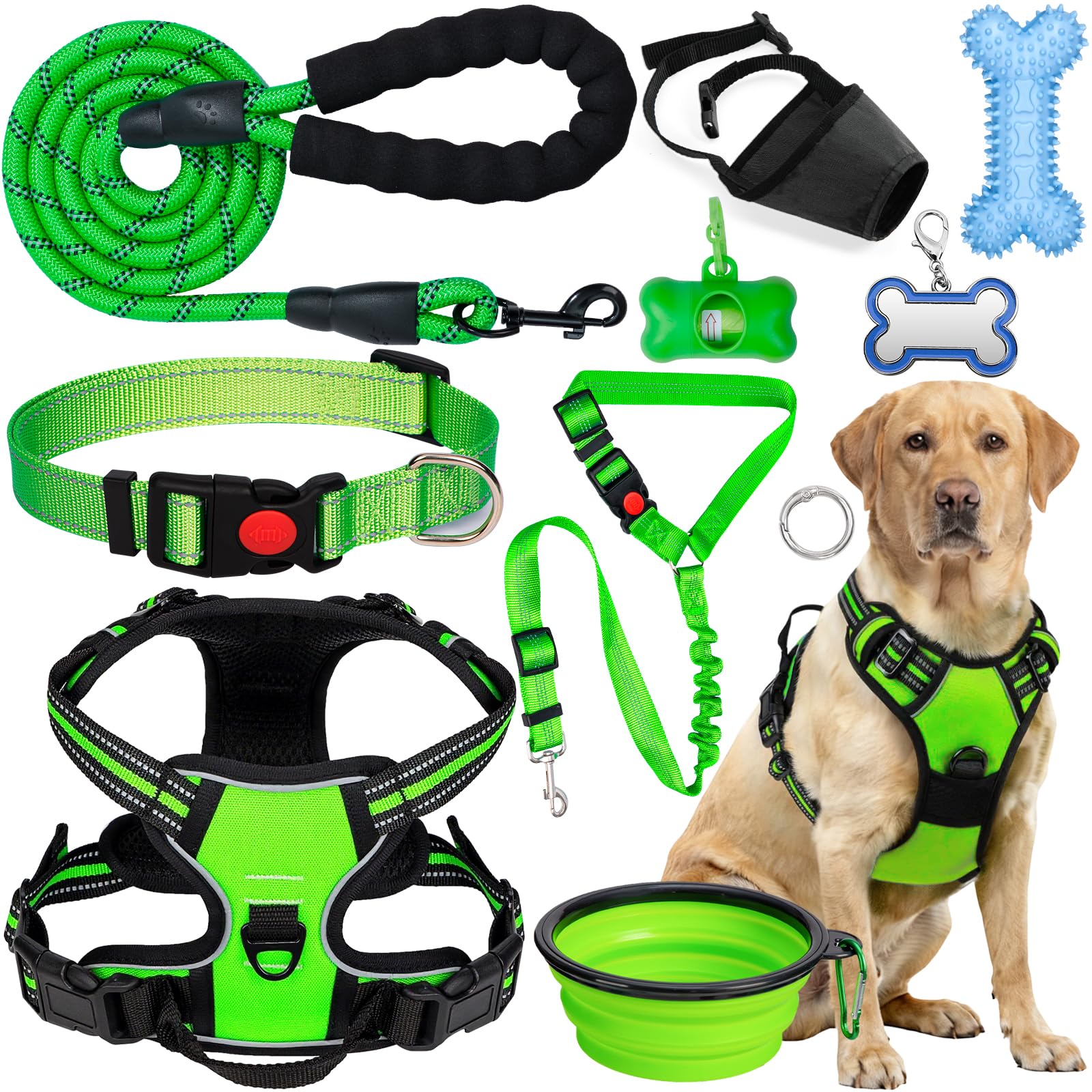 YXFDOYT No Pull Dog Harness Adjustable Collar & Leash Set - Dog Halter Harnesses Collapsible Bowls & Poop Bag Dispenser Muzzle ID Tags Toys Fits Small Medium Large Dogs (Pink-L) Gronata