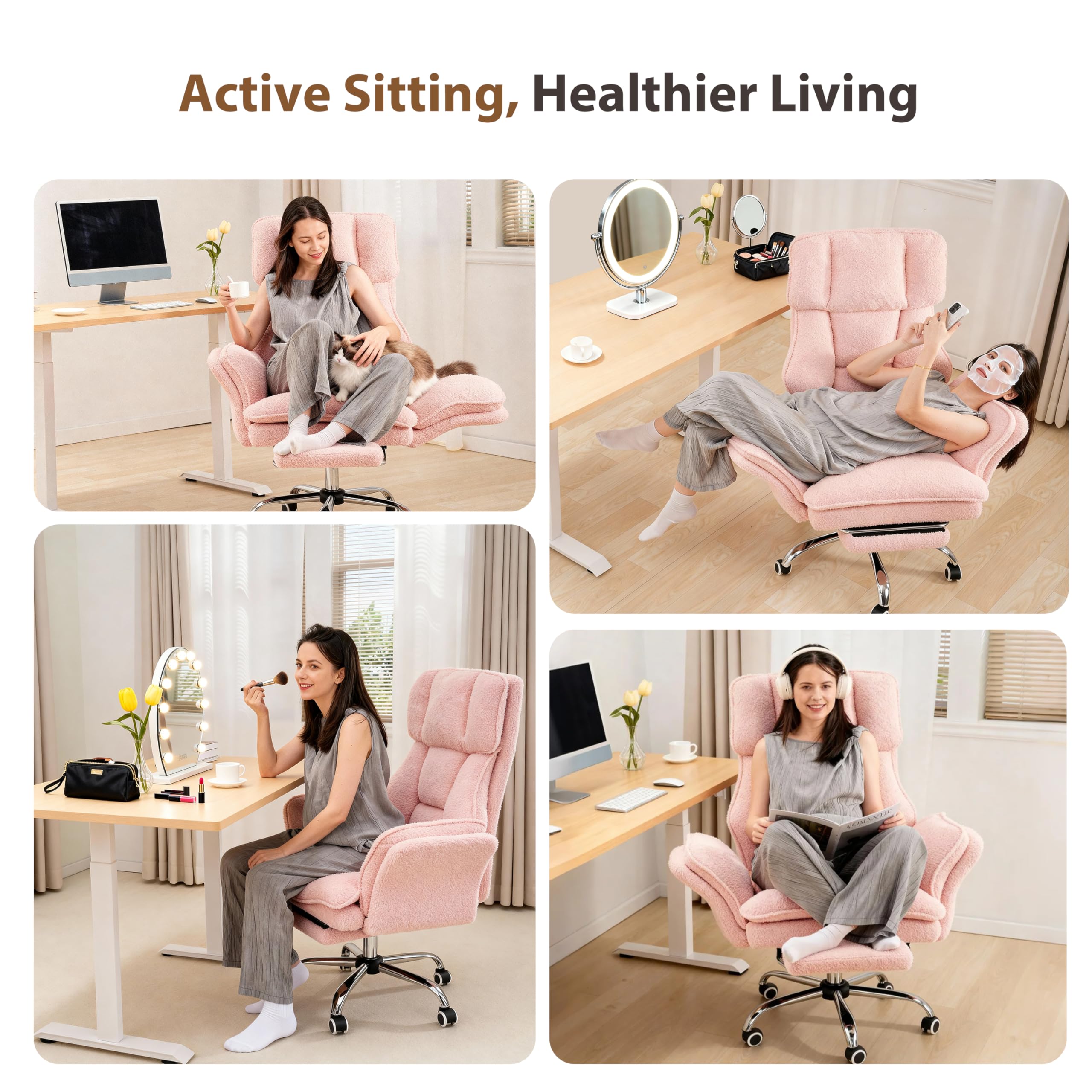 Big and Tall Office Chair, Flip Armrests for Pets & Cross Legged Sitting, Executive Ergonomic Computer Gaming Chair with Foot Rest, Teddy Fleece Wide Seat Reclining Desk Chair, White Vanity Chair Gronata