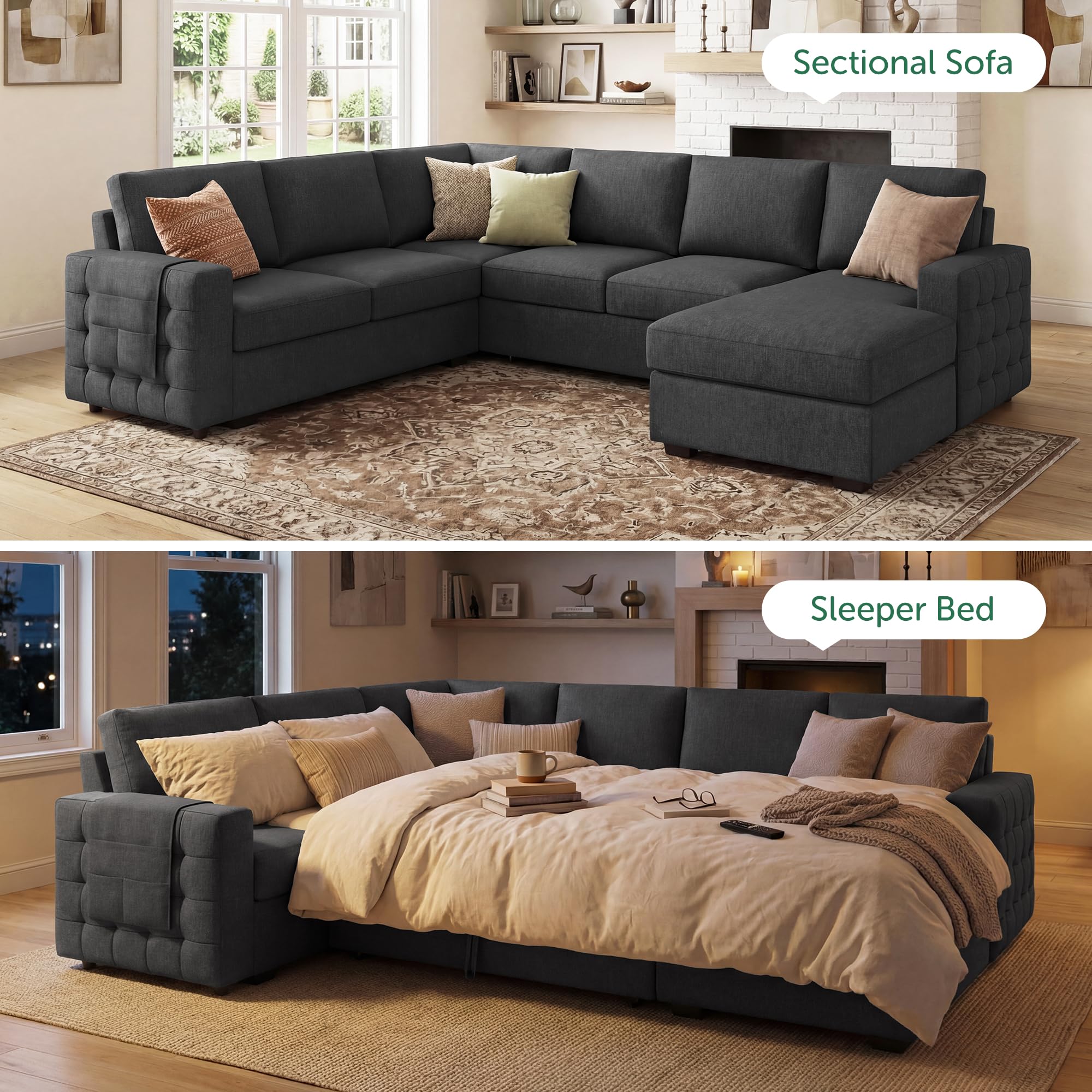 HONBAY Sectional Sleeper Sofa with Pull Out Bed U-Shape Sectional Couch Sleeper Bed with Storage Chaise 6 Seater Sleeper Sectional Sofa, Light Grey Gronata
