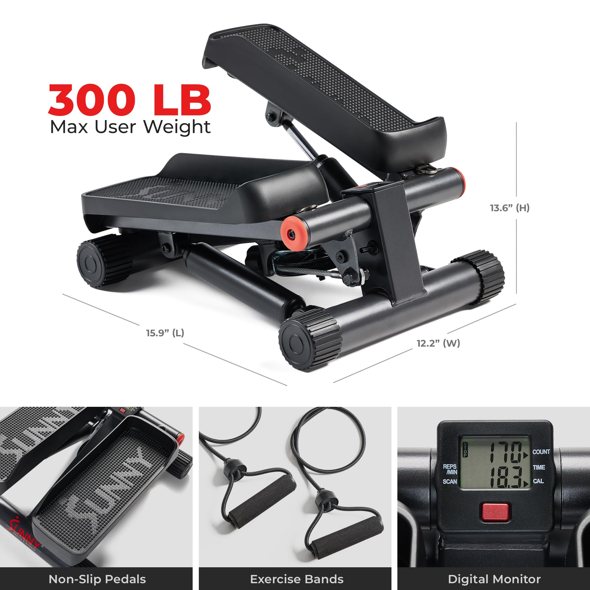 Sunny Health & Fitness Mini Steppers for Exercise at Home, Stair Step Workout Machine with Resistance Bands, Full Body Cardio Equipment with Digital Monitor - No. 012 -S Gronata