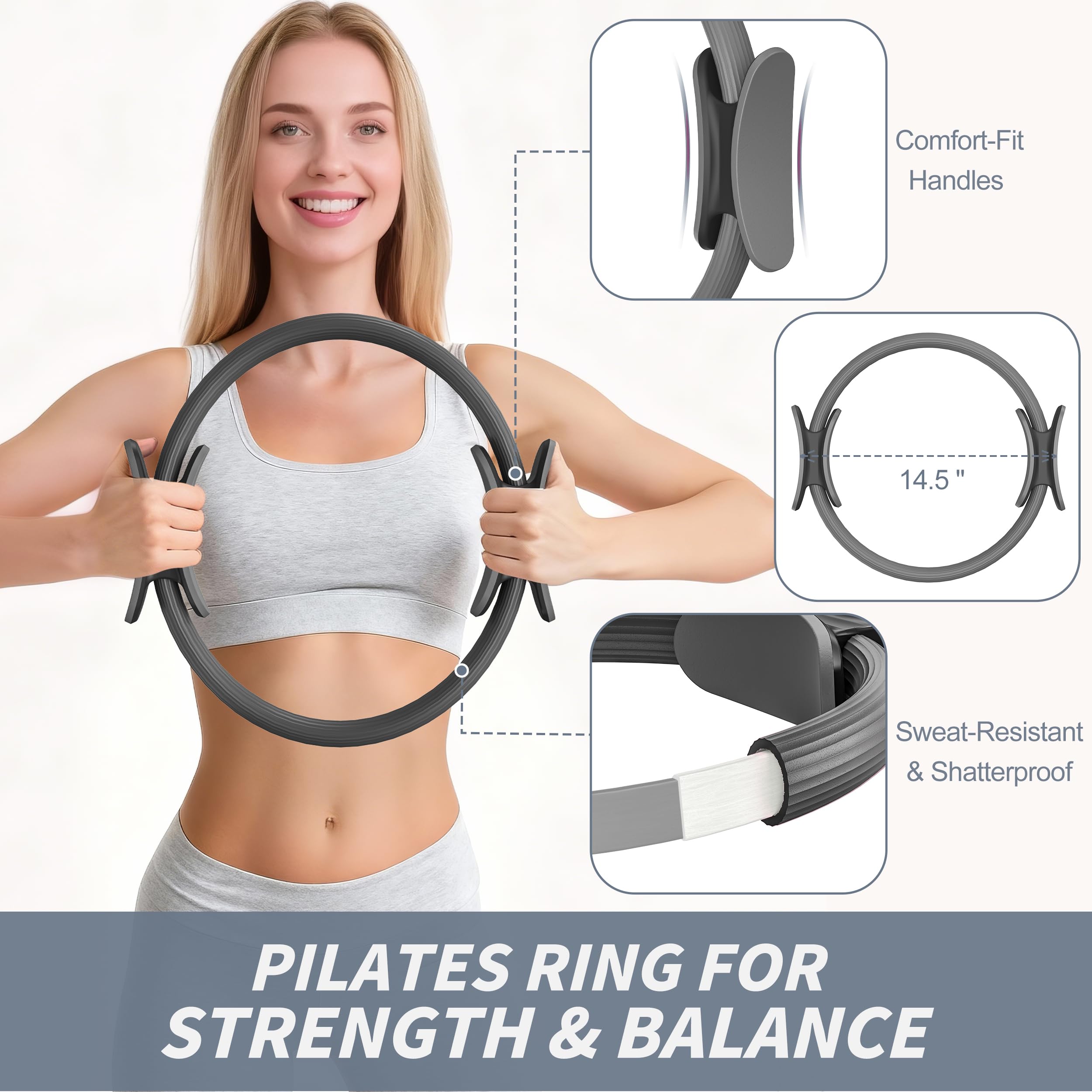 NANATI Pilates Kit 19PCS,Pilates Essentials Kit for Women,Pilates Equipment with 14.5" Pilates Ring and Ball,8 Resistance Bands,Ankle Weights,Sliders & Grip Socks Accessories for Starter Home Workouts Gronata