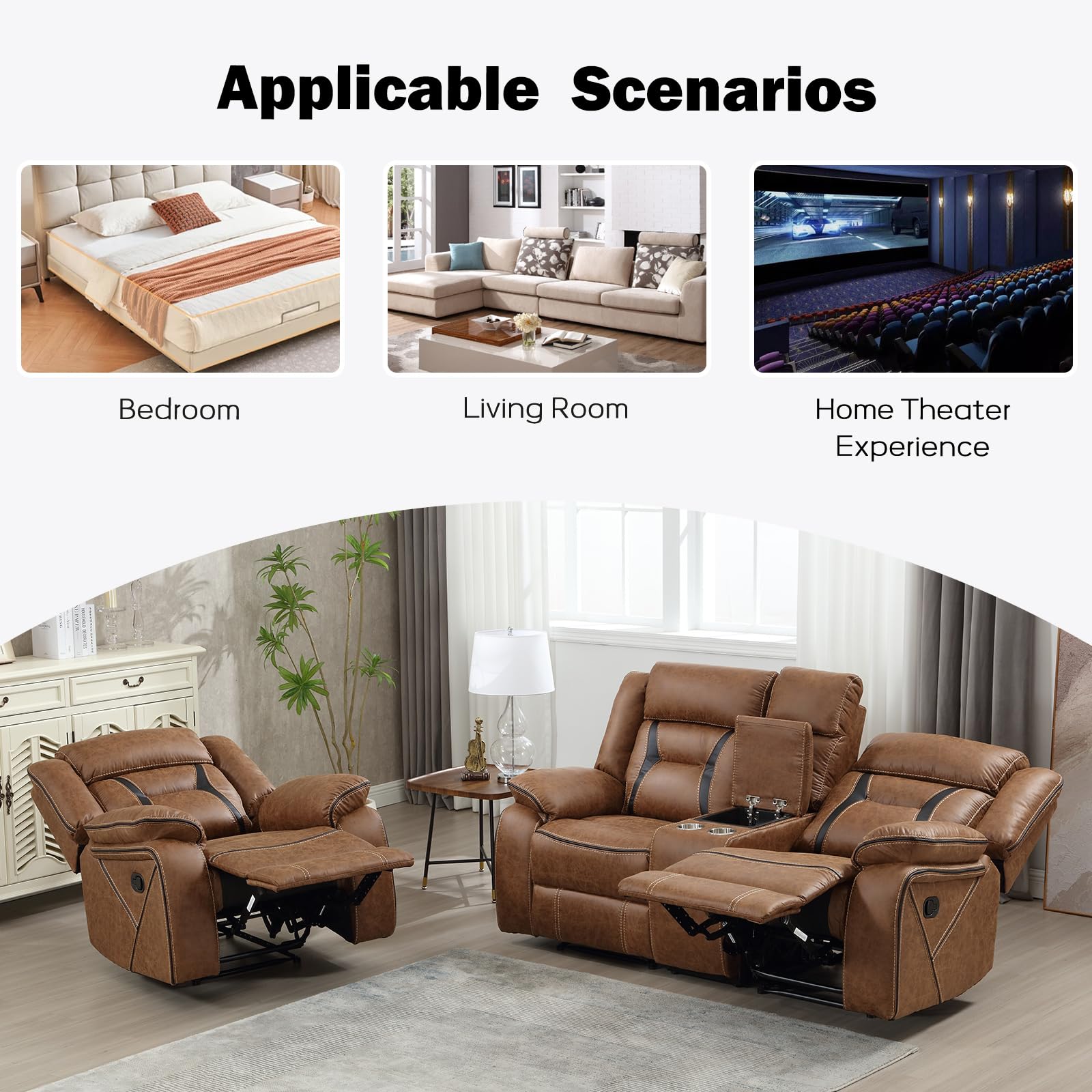 EBELLO Faux Leather Recliner Sofa Furniture Set for Living Room, 2 Recliner Chairs, 3 Seat Reclining Sofa Couch Set for Meeting Room, Brown Gronata