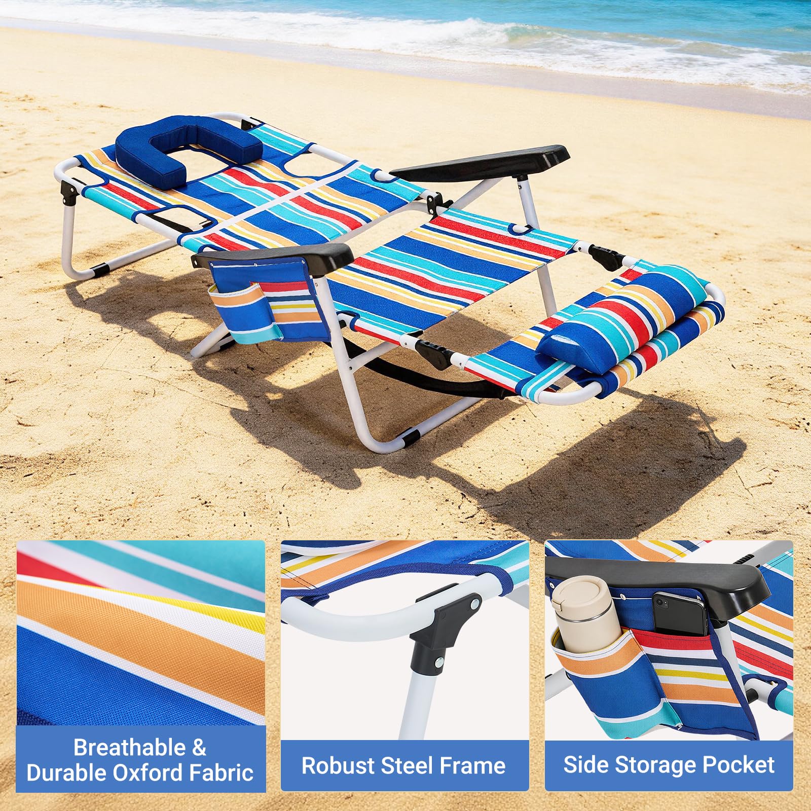 DoCred Heavy Duty Chaise Lounge Chair, Adjustable 5-Position Folding Chaise Lounge Chairs for Outside, Portable Lay Flat Beach Lounge Chair for Outdoor Sunbathing Beach Pool Lawn Camping Gronata