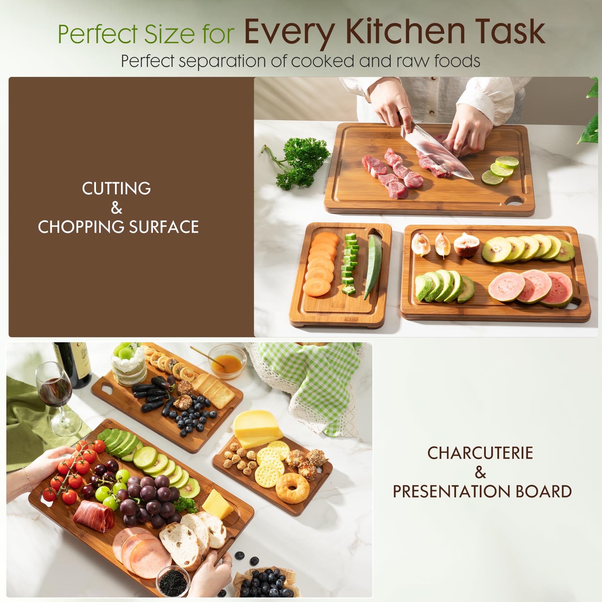 Astercook Deep-Carbonized Bamboo Cutting Boards for Kitchen with Wood Storage Stand, Reversible Charcuterie & Chopping Boards with Juice Grooves and Easy-Grip Handles, Fathers Day Gift for Men Gronata