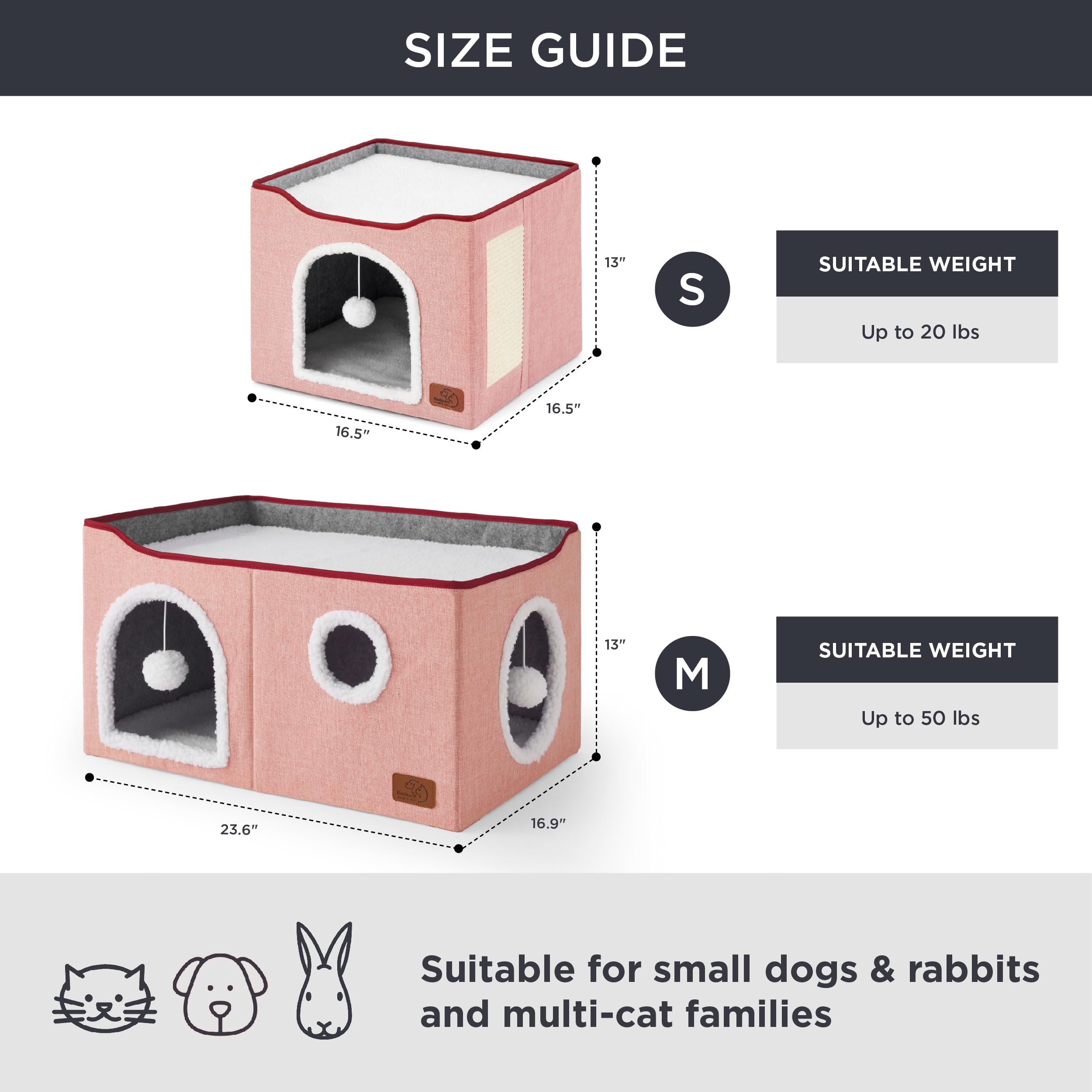 Bedsure Cat Beds for Indoor Cats - Large Cat Cave for Pet Cat House with Fluffy Ball Hanging and Scratch Pad, Foldable Cat Hideaway, 16.5x16.5x13 inches, Grey Gronata