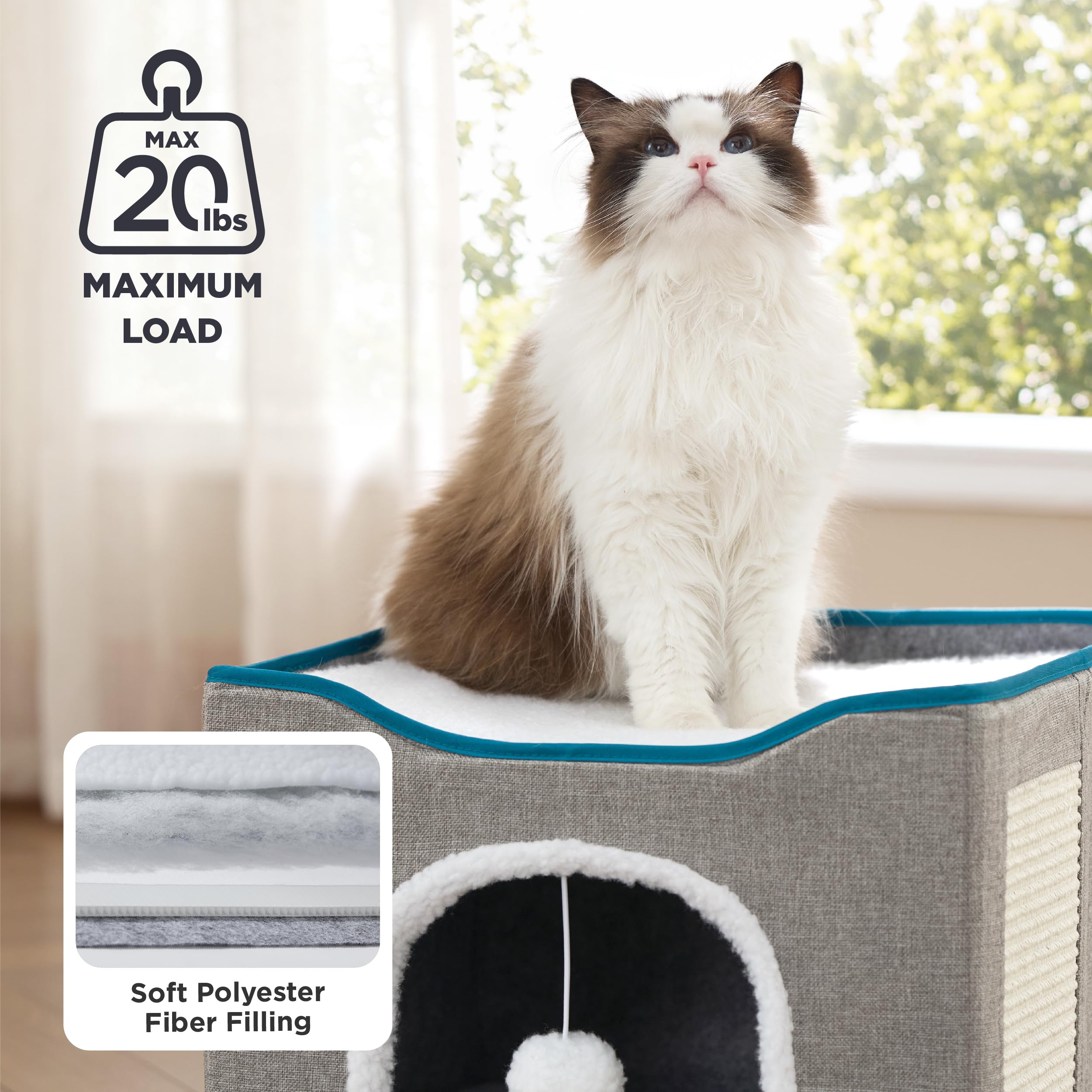 Bedsure Cat Beds for Indoor Cats - Large Cat Cave for Pet Cat House with Fluffy Ball Hanging and Scratch Pad, Foldable Cat Hideaway, 16.5x16.5x13 inches, Grey Gronata