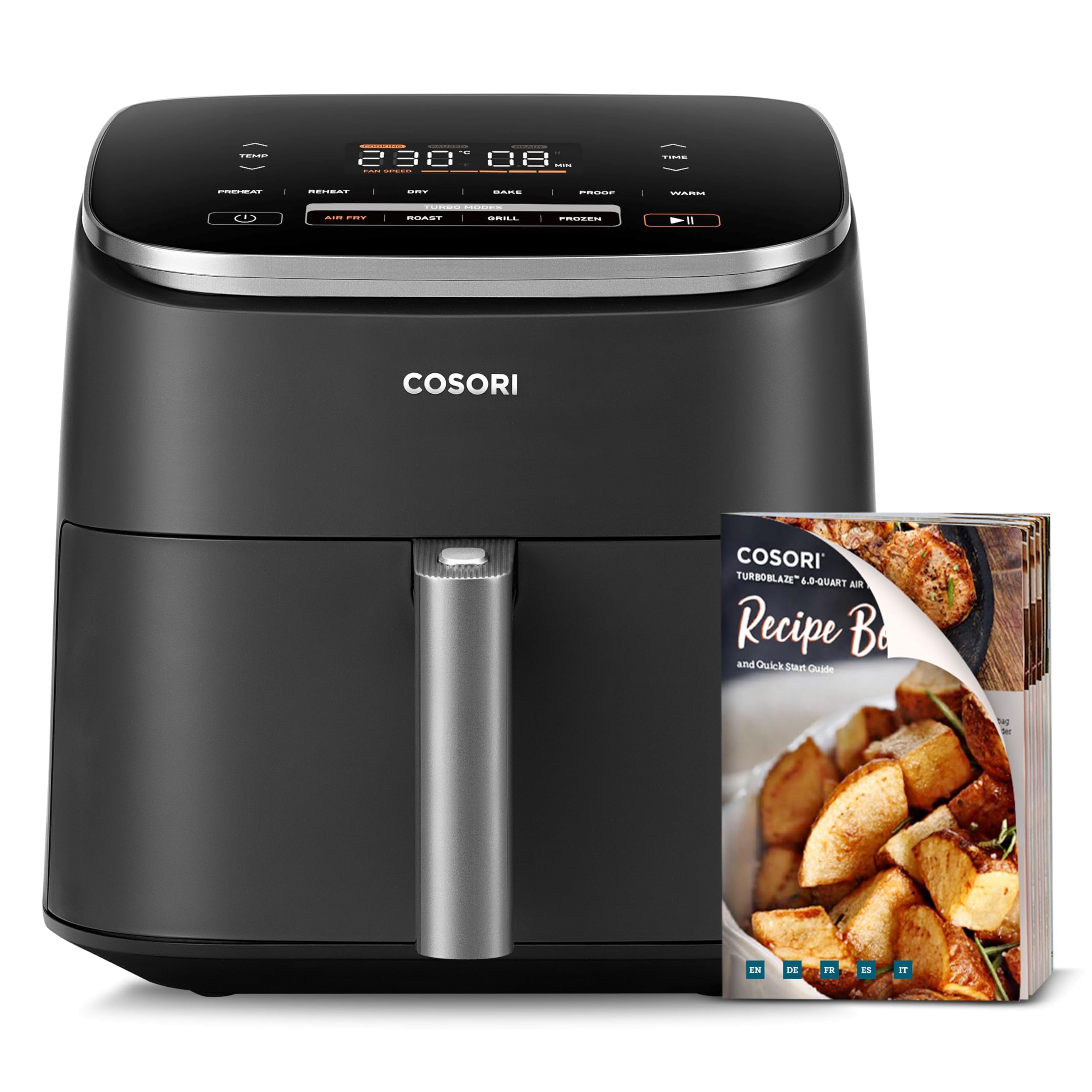 Cosori 9-in-1 TurboBlaze Air Fryer 6 Qt, PFAS-Free Ceramic Coating, 90°–450°F, Precise Heating for Even Results, Air Fry, Roast, Bake, Broil, Dry, Frozen, Proof, Reheat, Keep Warm, 120V, Dark Gray Gronata